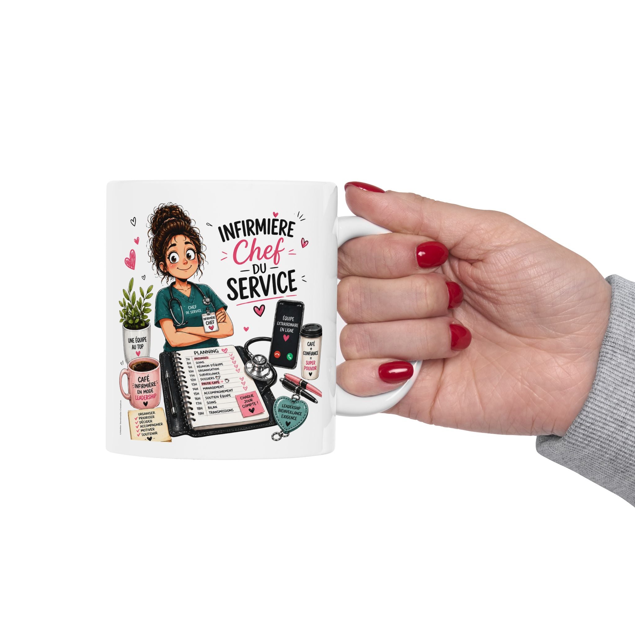 Tasse blanche en céramique avec illustration infirmière et texte « Infirmière chef »