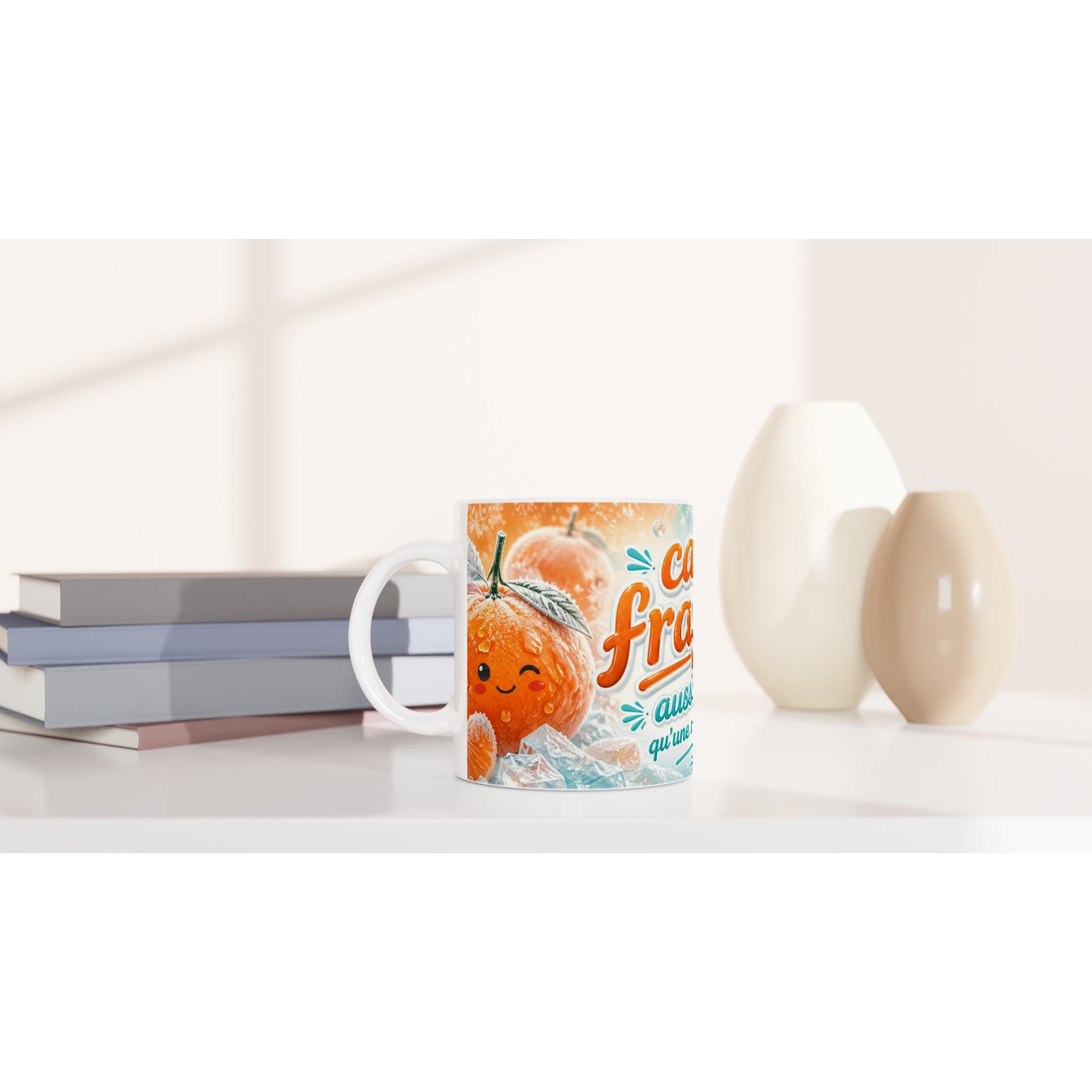 Mug en céramique blanc avec motif mandarine orange et texte « Café frappé »