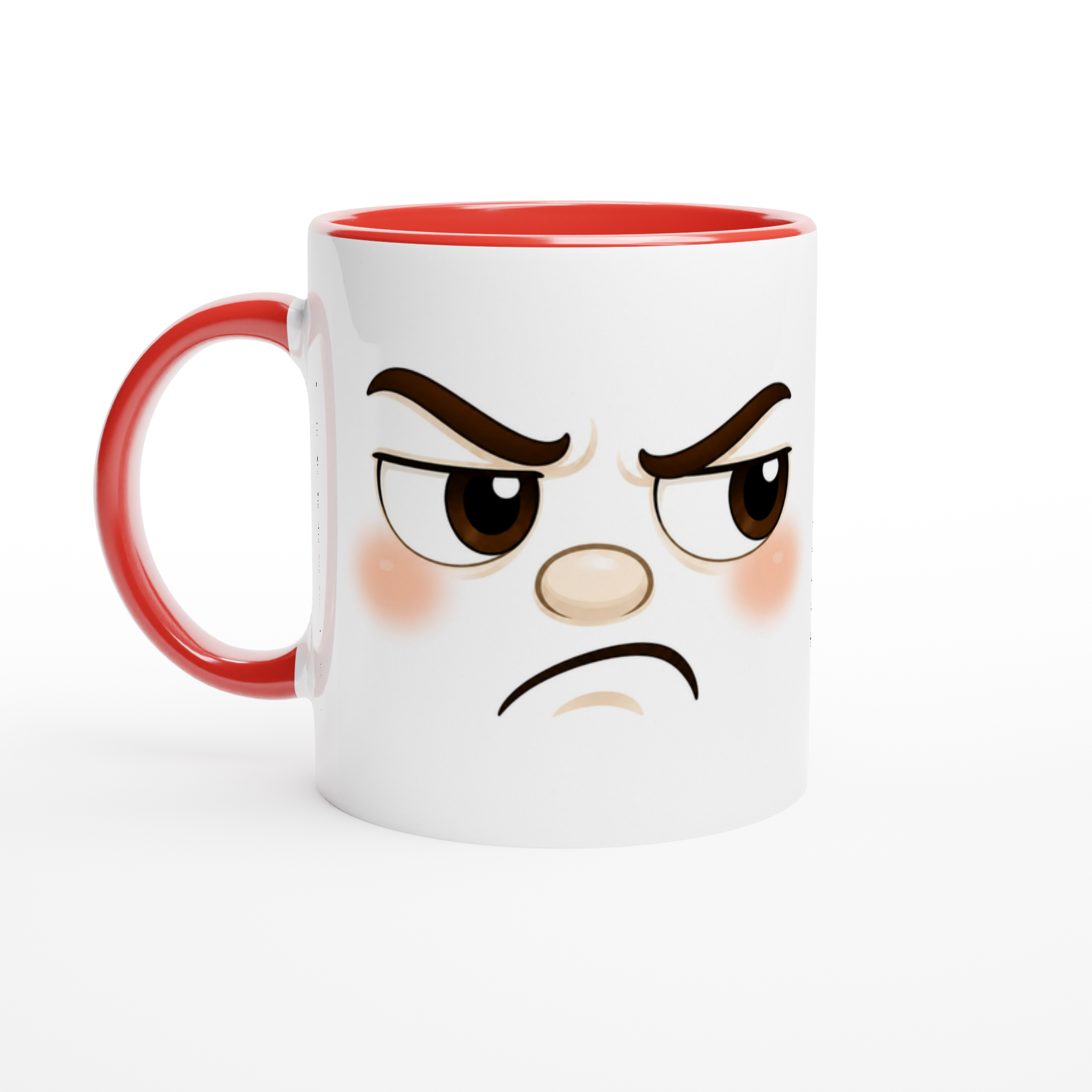 Mug en céramique blanc, bord rouge et anse rouge, visage fâché dessiné.