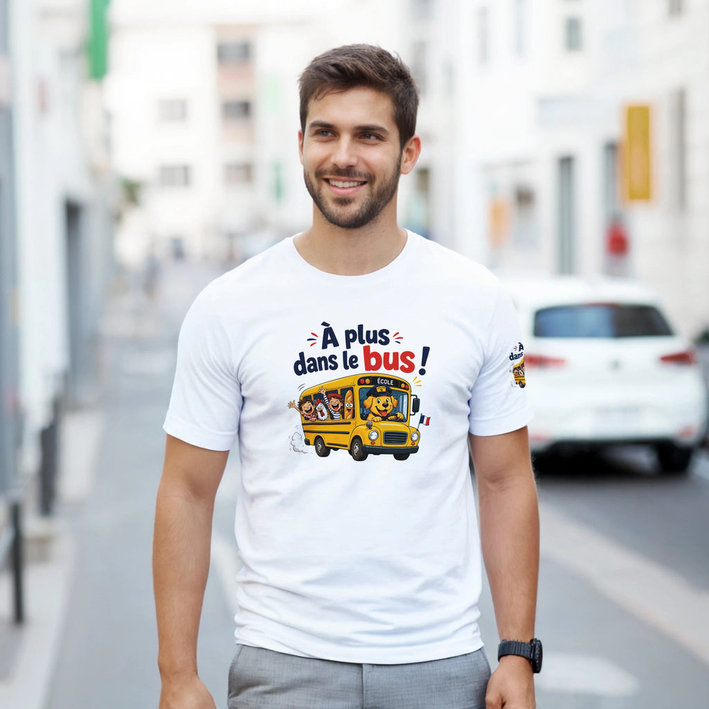 T-shirt blanc « À plus dans le bus » avec illustration de bus