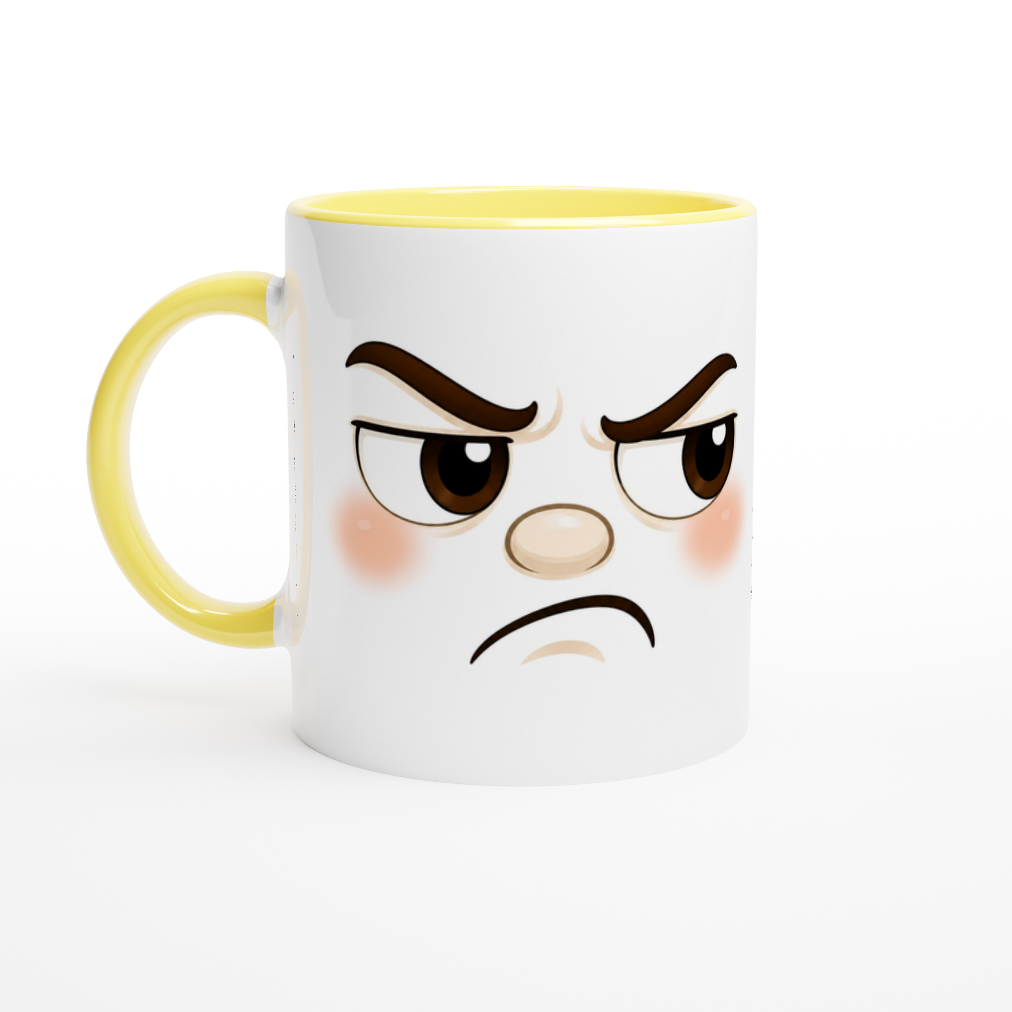 Mug en céramique blanc, bord et anse jaune, visage fâché dessiné.