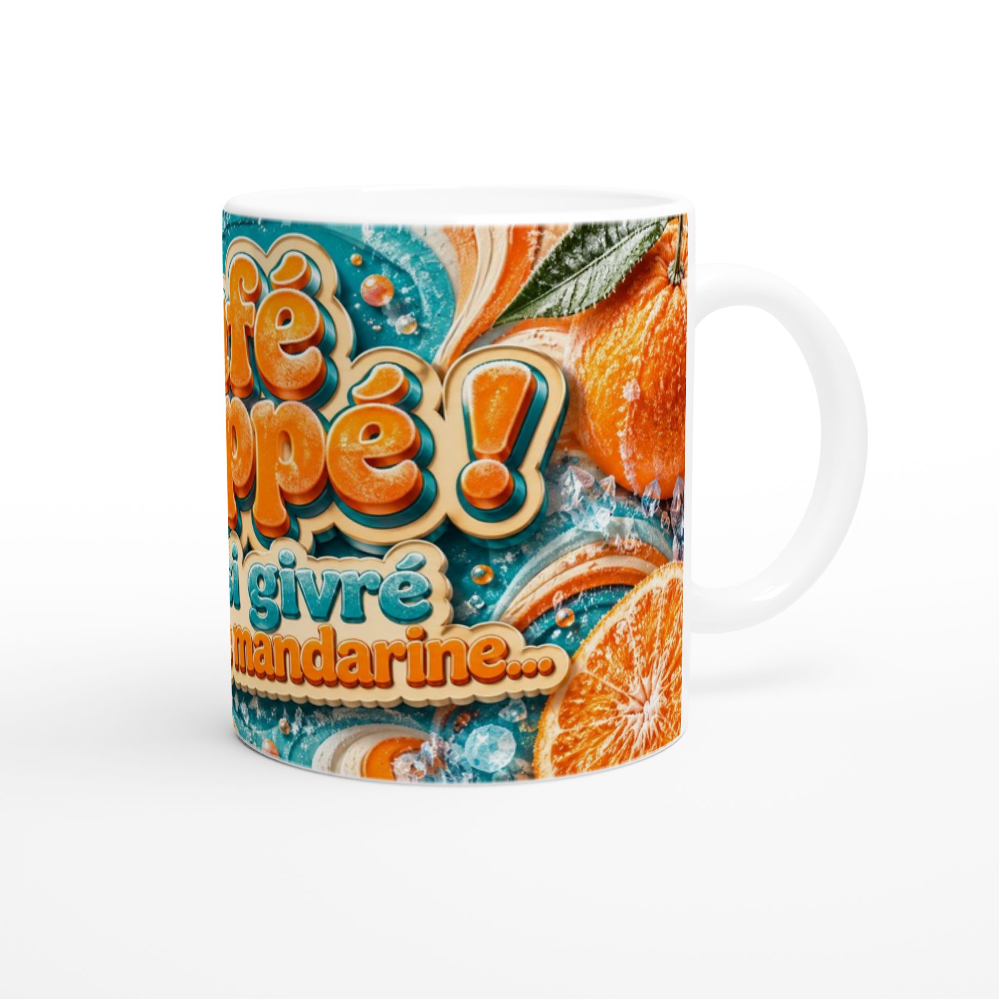 Mug blanc avec poignée, motif « ça frappe » et mandarines orange.