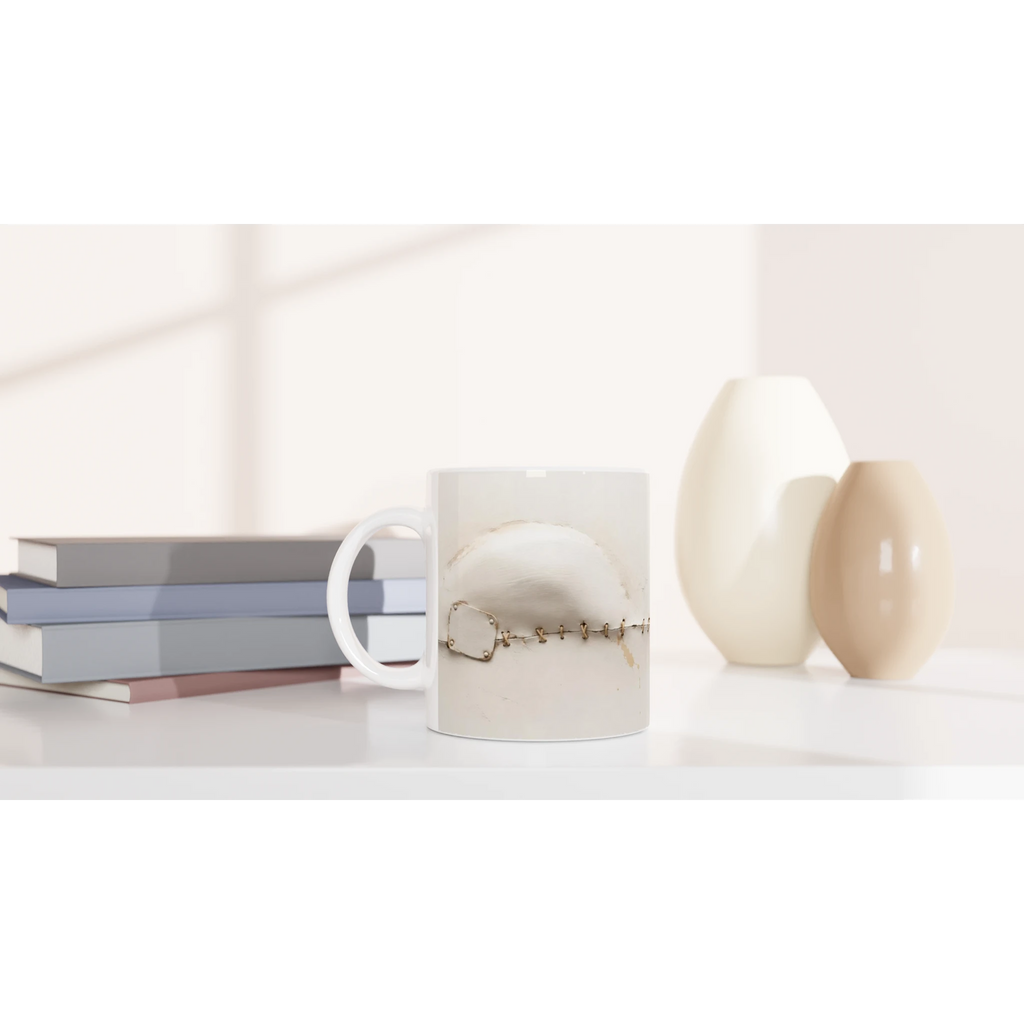 Mug en céramique blanche avec décor trompe-l’œil, chaîne et plaque métallique visibles
