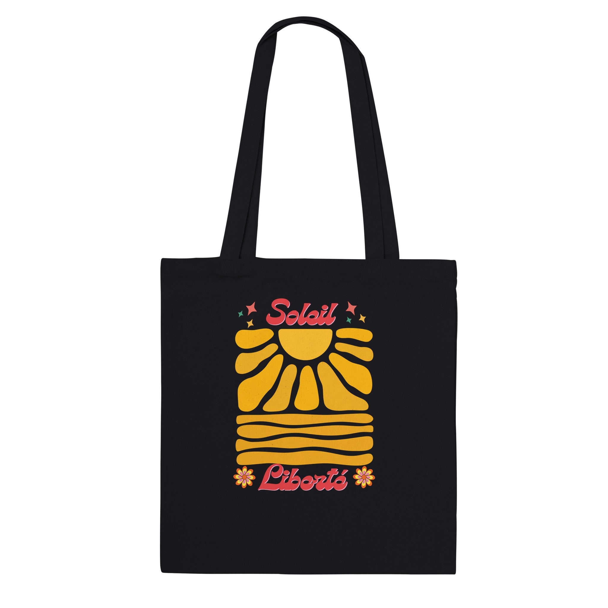 Tote bag noire à anses, imprimé soleil jaune et lettres “Liberté” en rouge