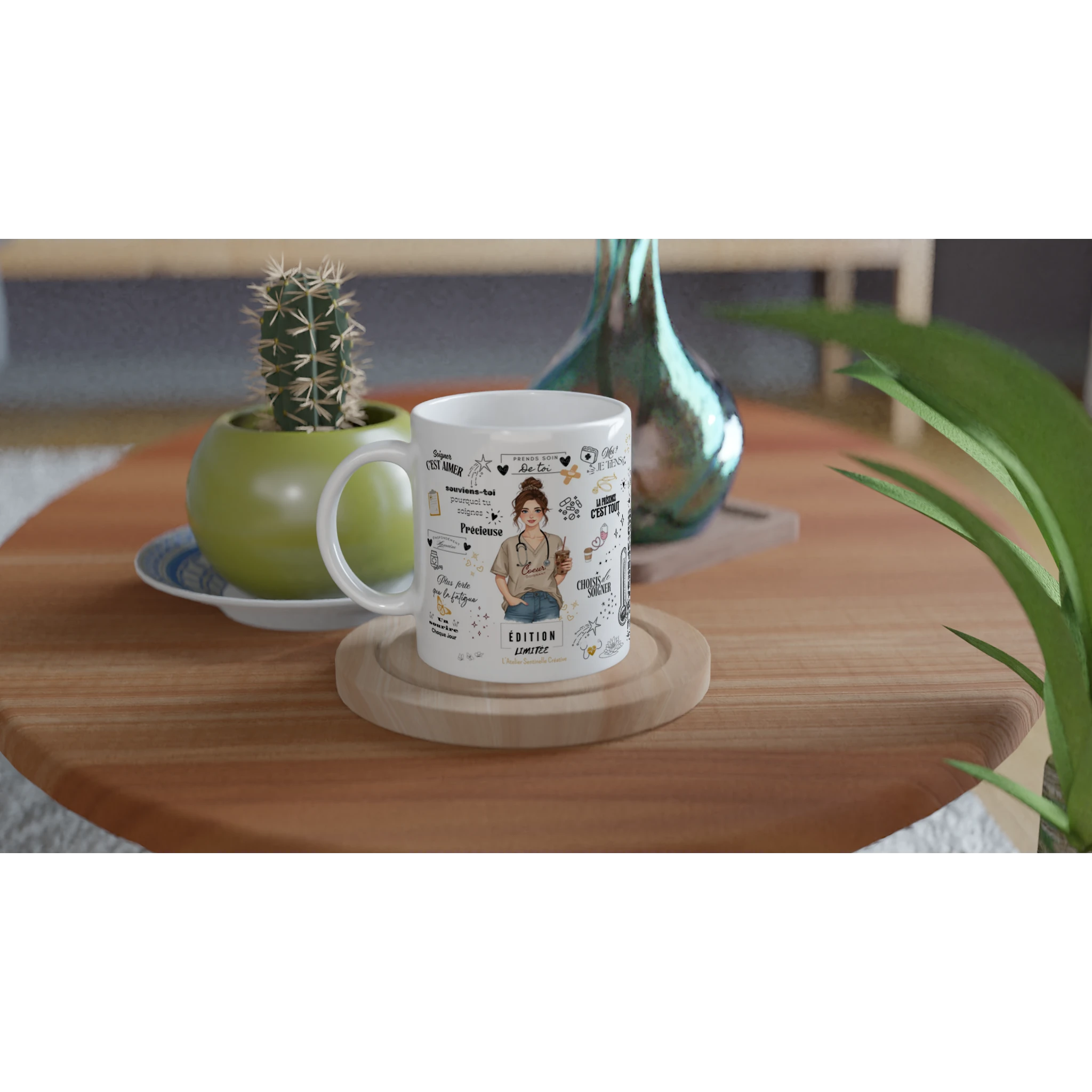 Mug blanc avec motif d’infirmière et « ÉDITION LIMITÉE » sur toute la face