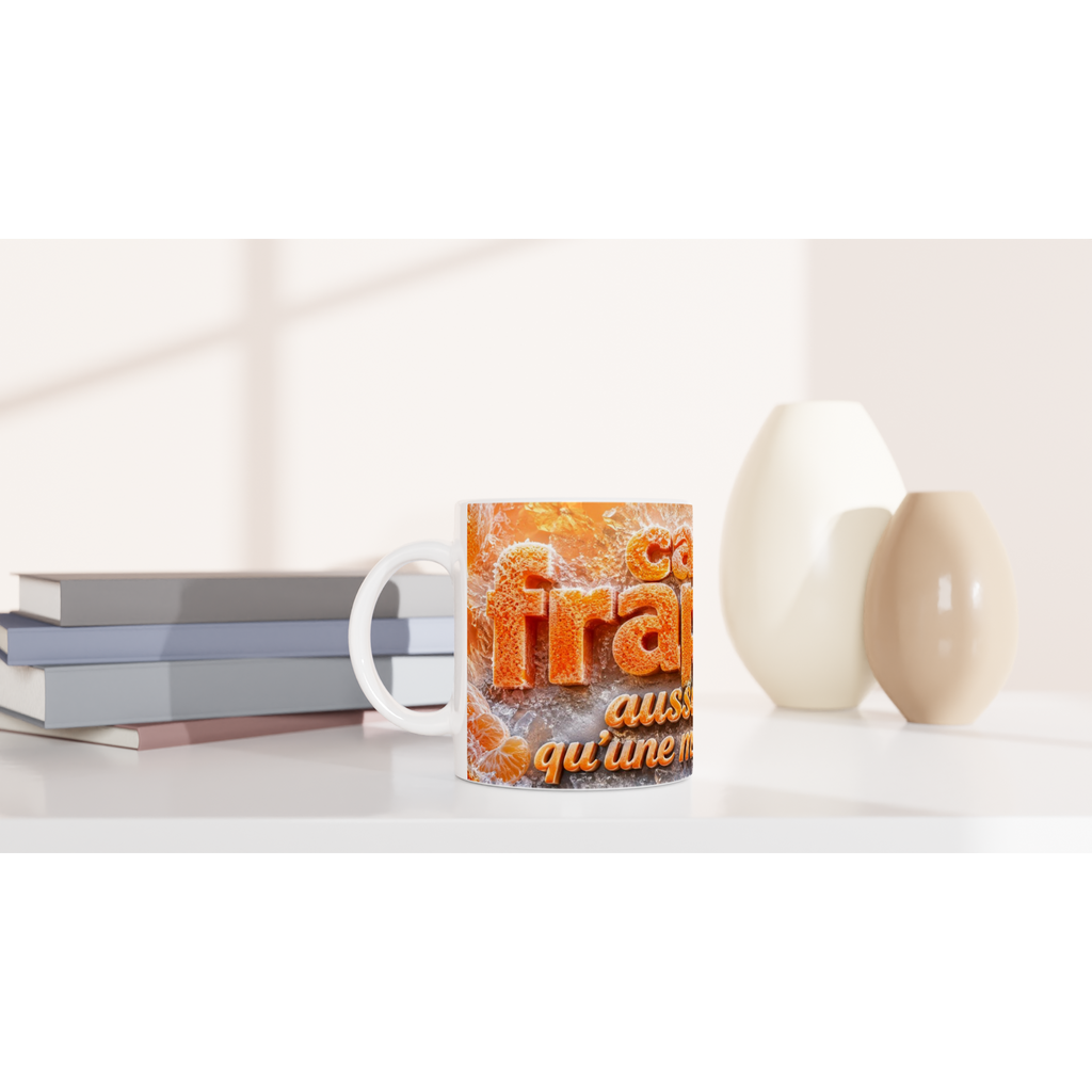 Petit mug blanc avec motif orange texture givrée et texte « qu’une mandarine »