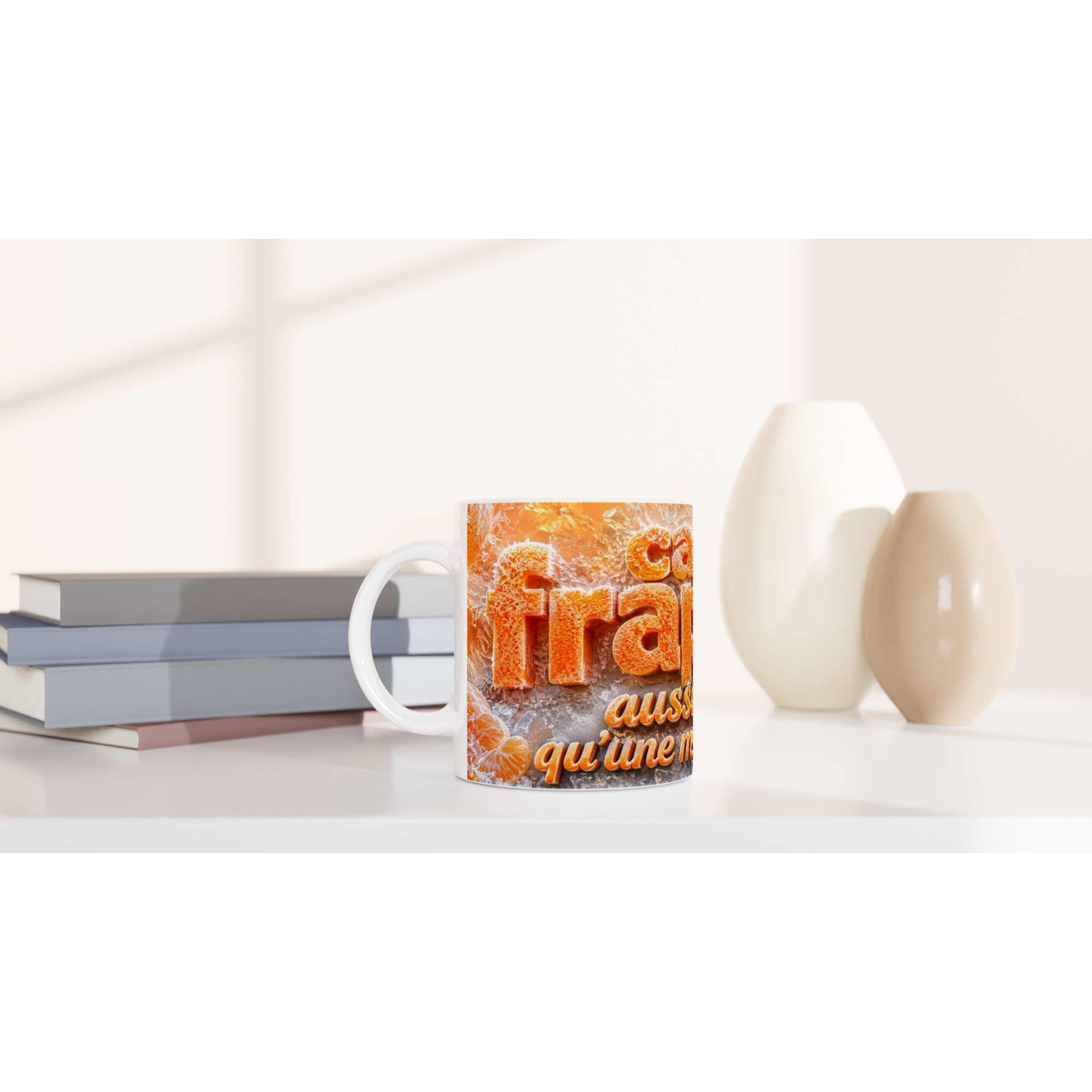 Petit mug blanc avec motif orange texture givrée et texte « qu’une mandarine »