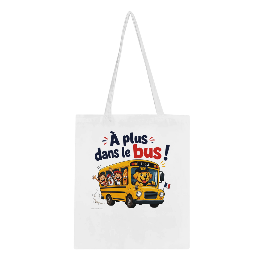 Tote bag blanc en toile avec anses, impression bus scolaire et enfants
