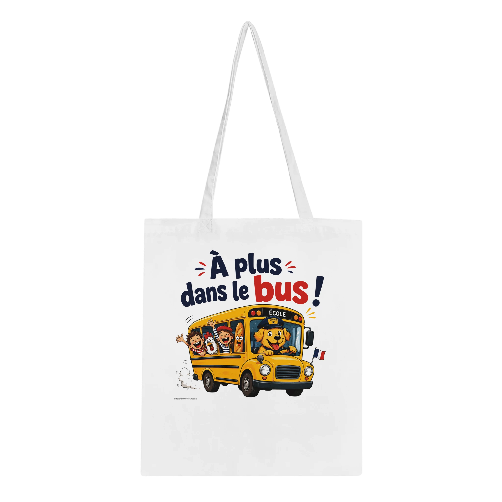 Tote bag blanc en toile avec anses, impression bus scolaire et enfants