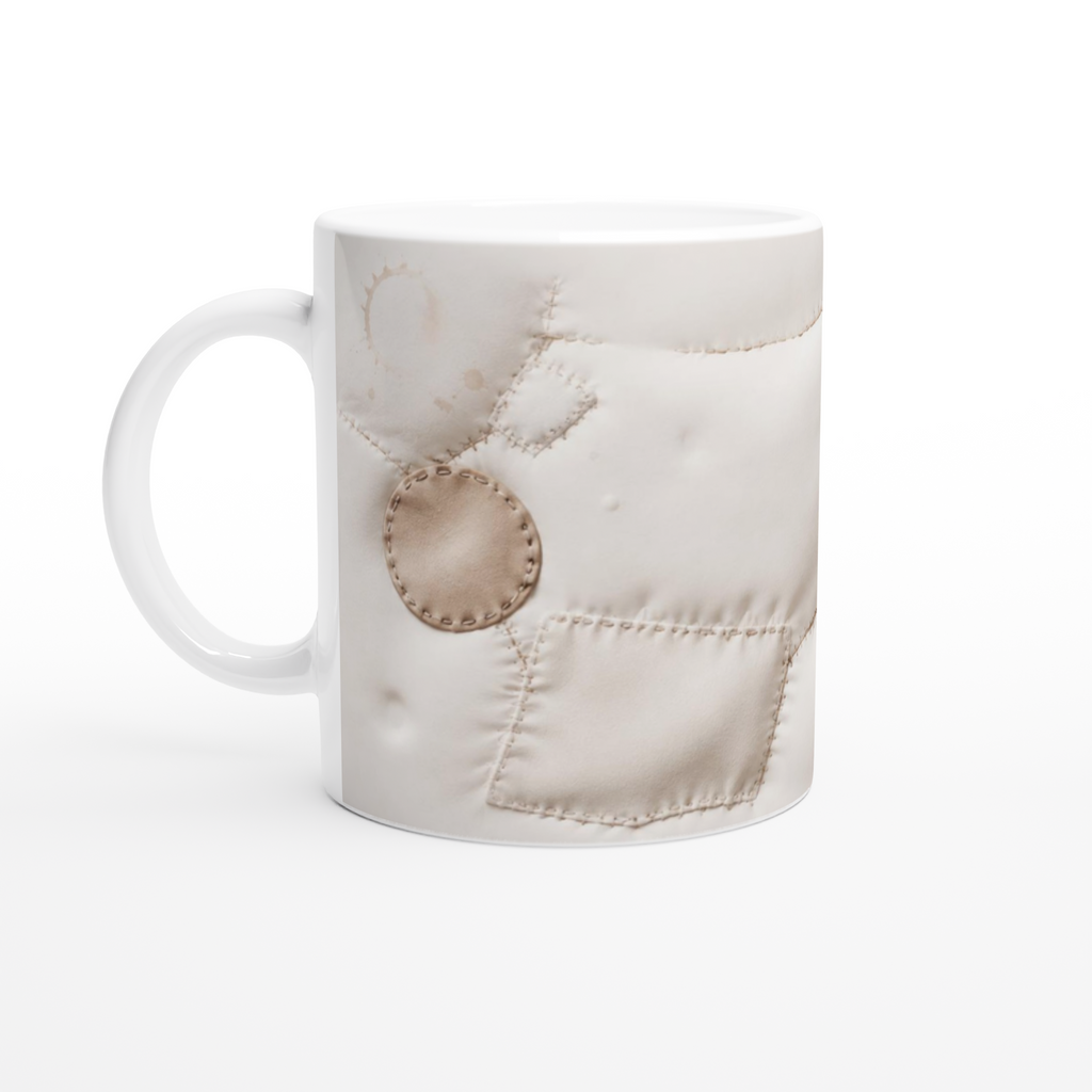 Tasse blanche à décor trompe-l’œil de pièces cousues beige, surpiqûres visibles.