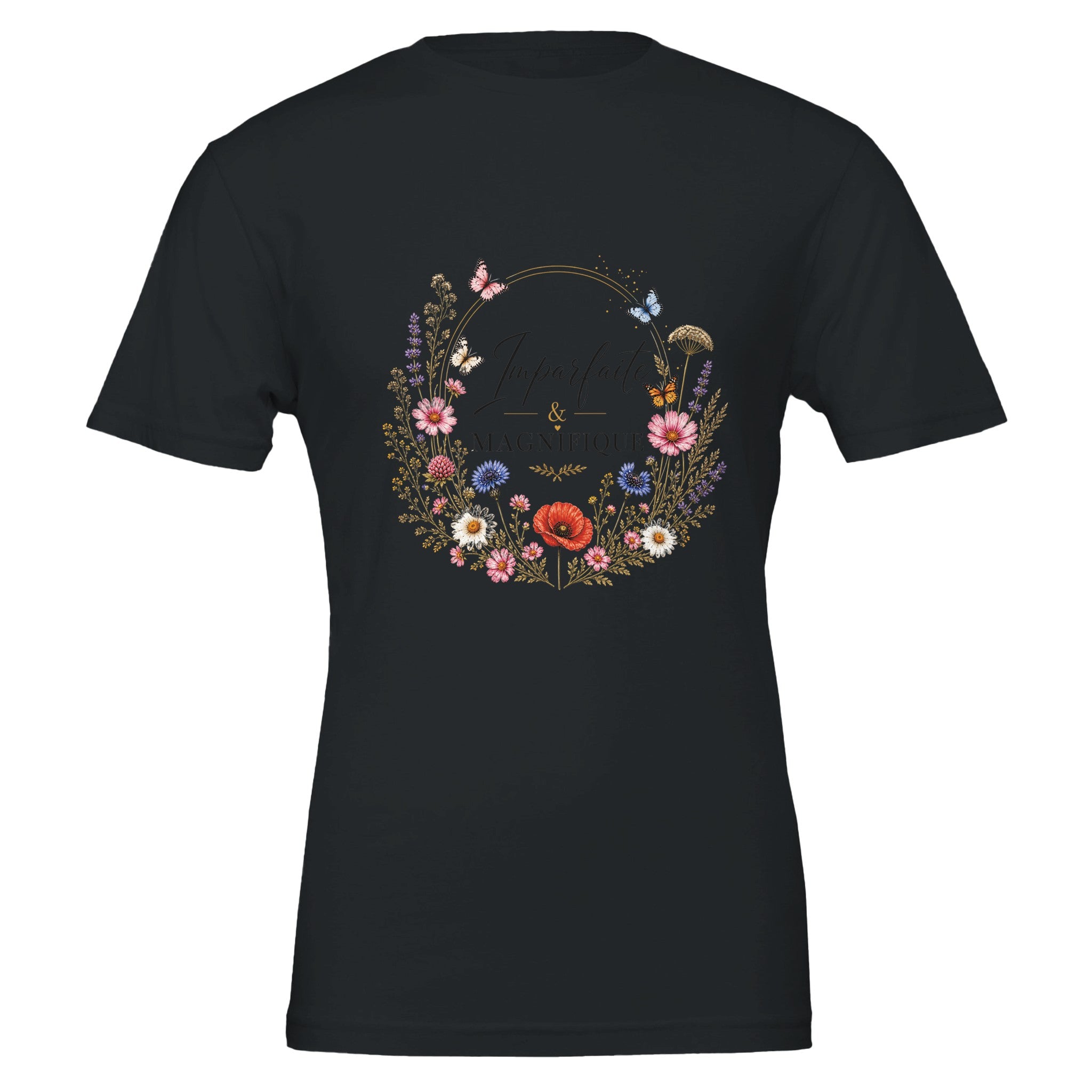 T-shirt femme noir à col rond, imprimé floral en couronne avec papillons colorés.