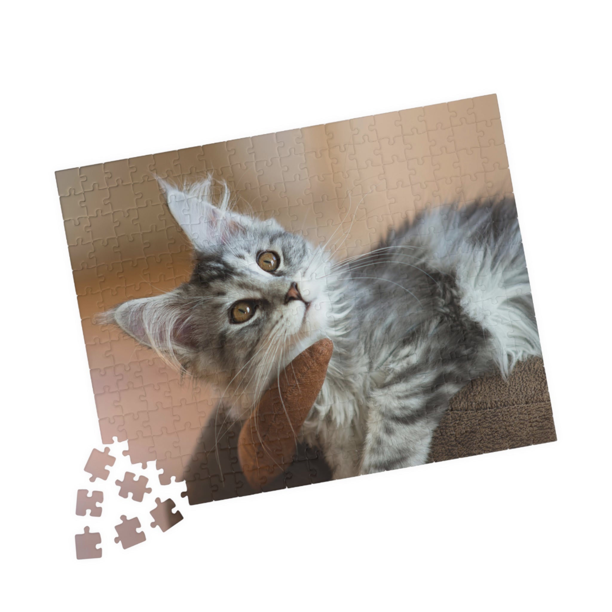 Puzzle en carton avec deux chats gris, quelques pièces manquantes près du bas
