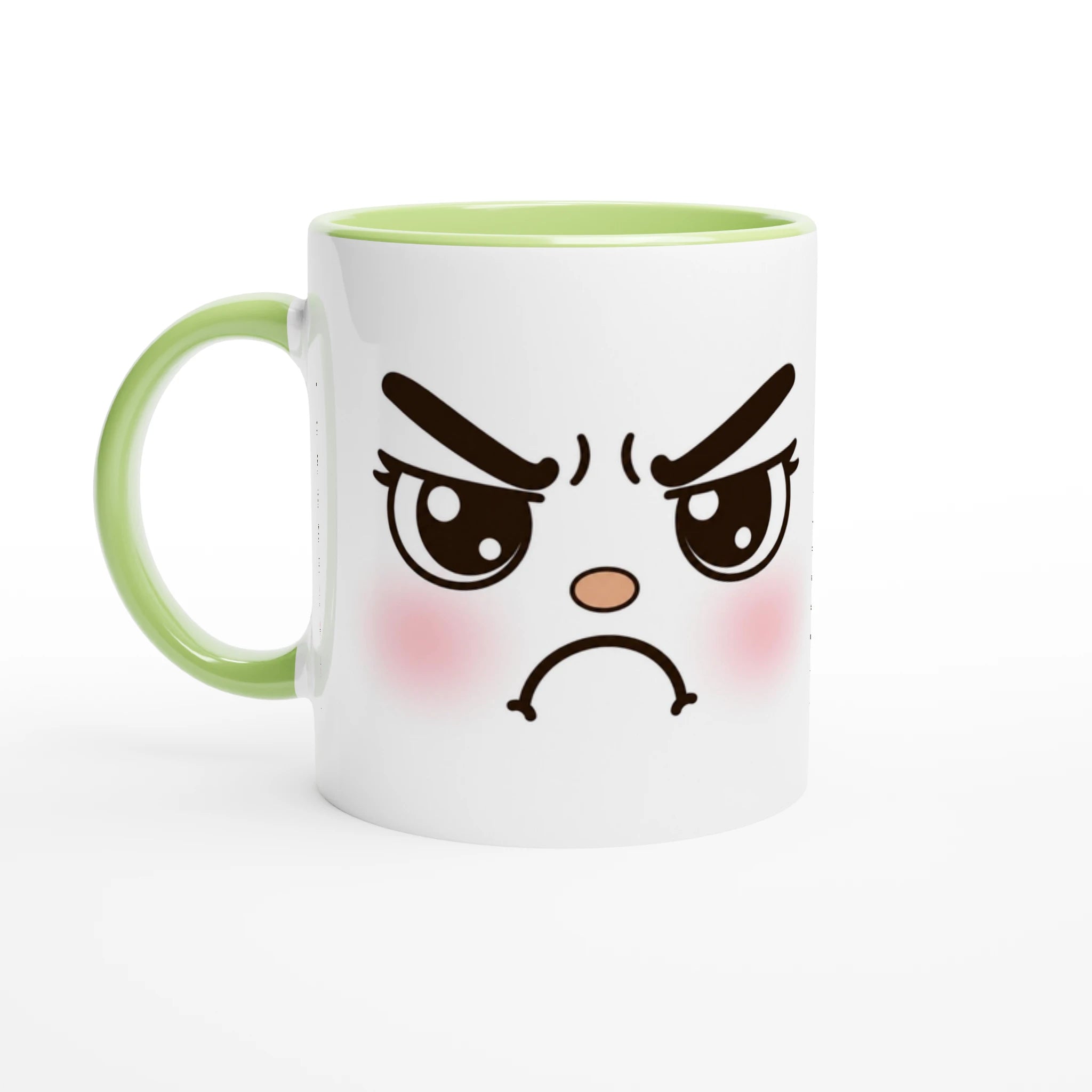 Mug blanc en céramique avec visage kawaii en colère; anse et intérieur verts.