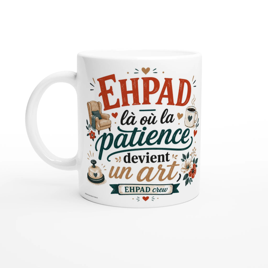 Mug en céramique blanche à anse blanche, motif EHPAD sur fond blanc