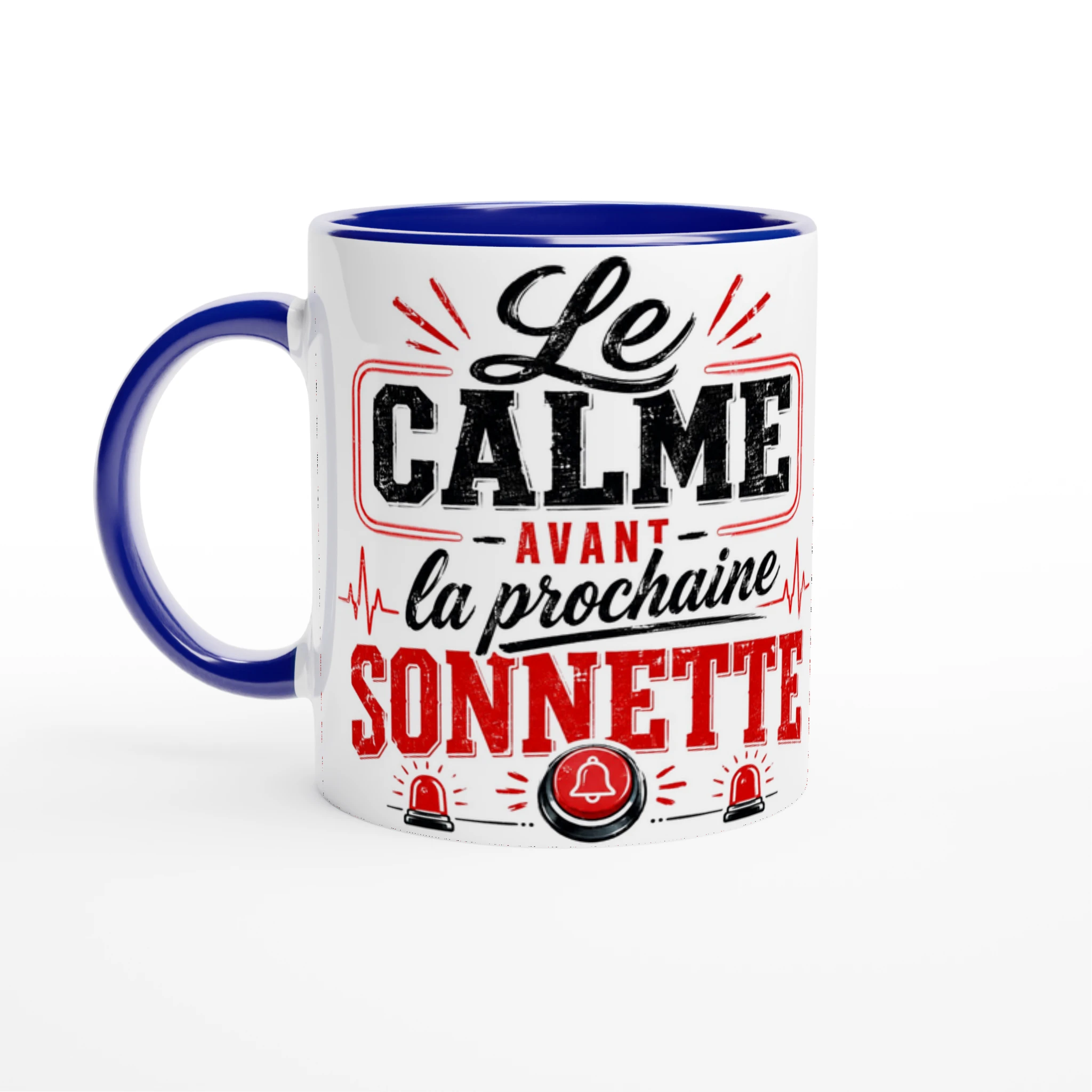 Mug en céramique blanc à anse bleue et bord bleu, motif « Le calme… »