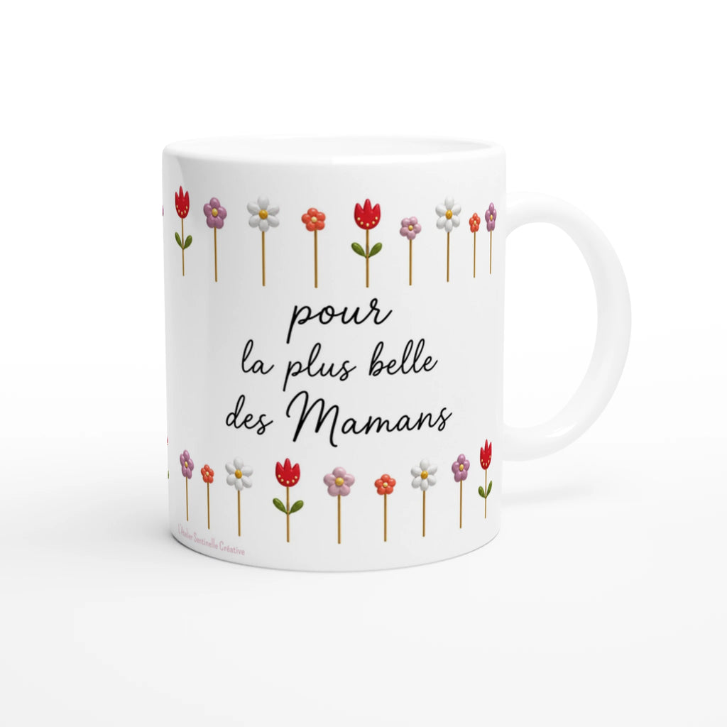 Mug blanc tulipes colorées, inscription « pour la plus belle des Mamans »