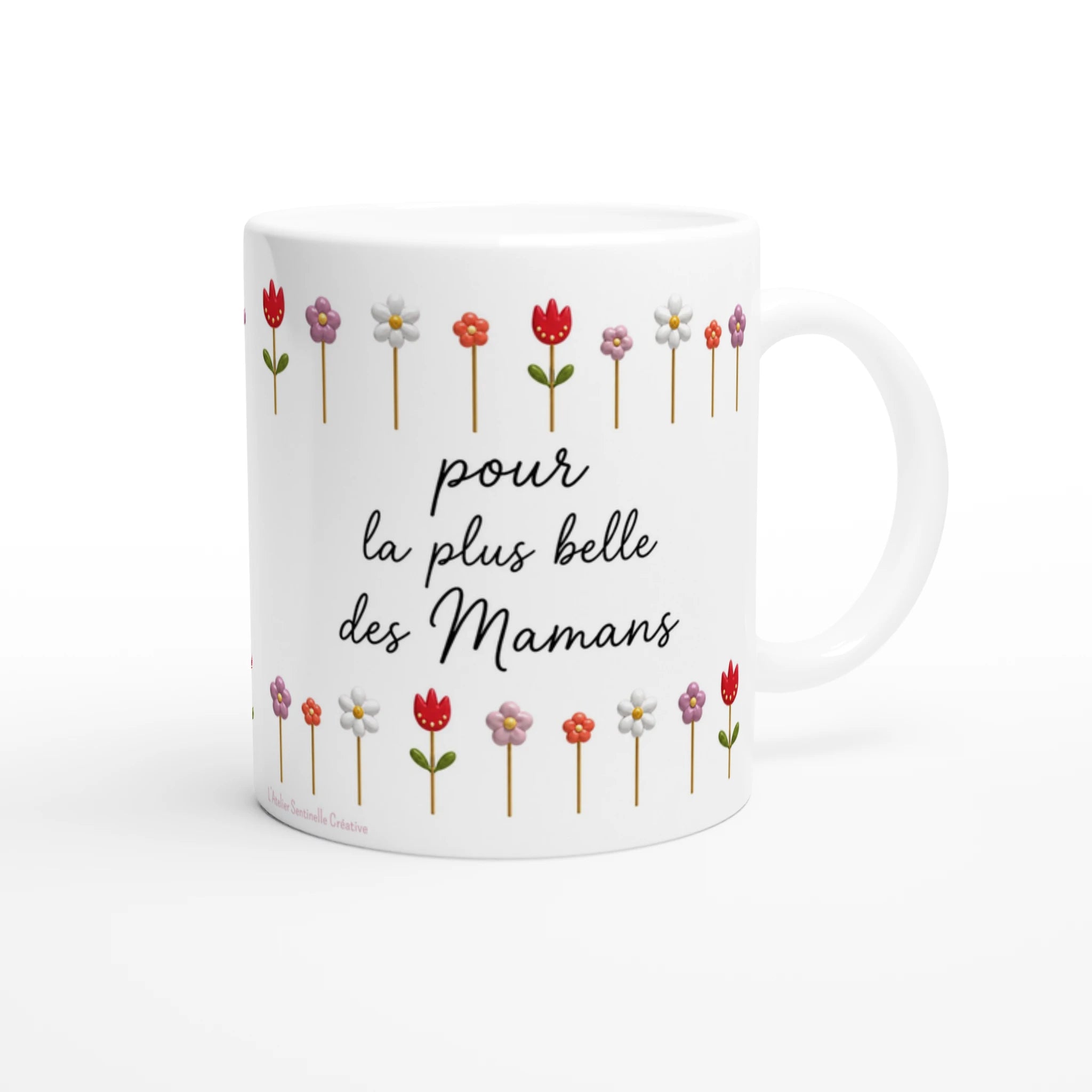 Mug blanc tulipes colorées, inscription « pour la plus belle des Mamans »