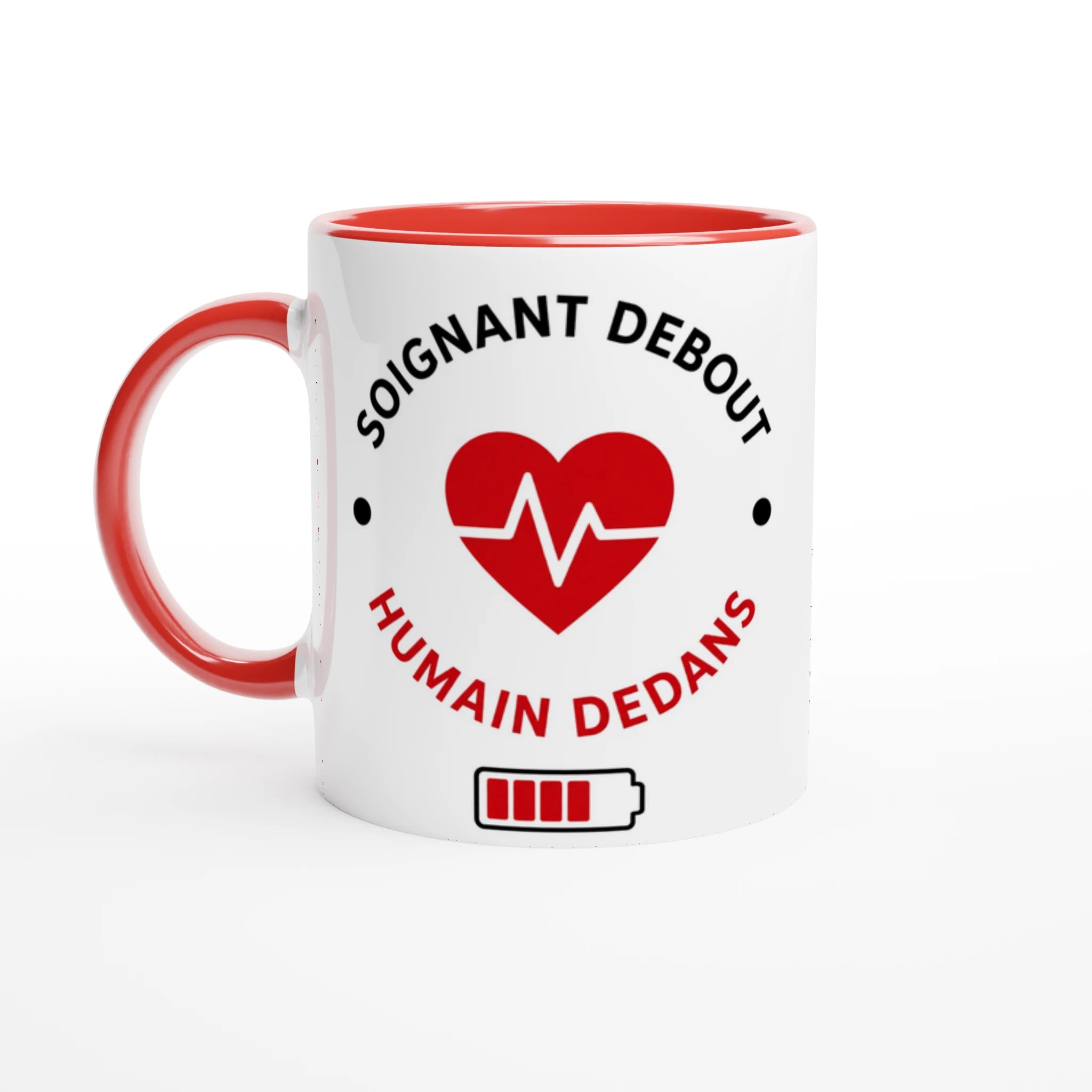 Mug en céramique blanc à anse rouge, logo cœur ECG rouge, texte humoristique