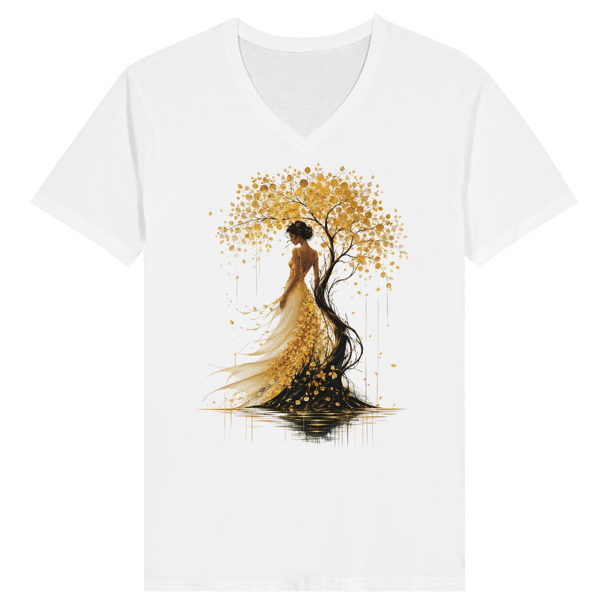 T-shirt femme blanc à encolure V, motif arbre doré au centre.