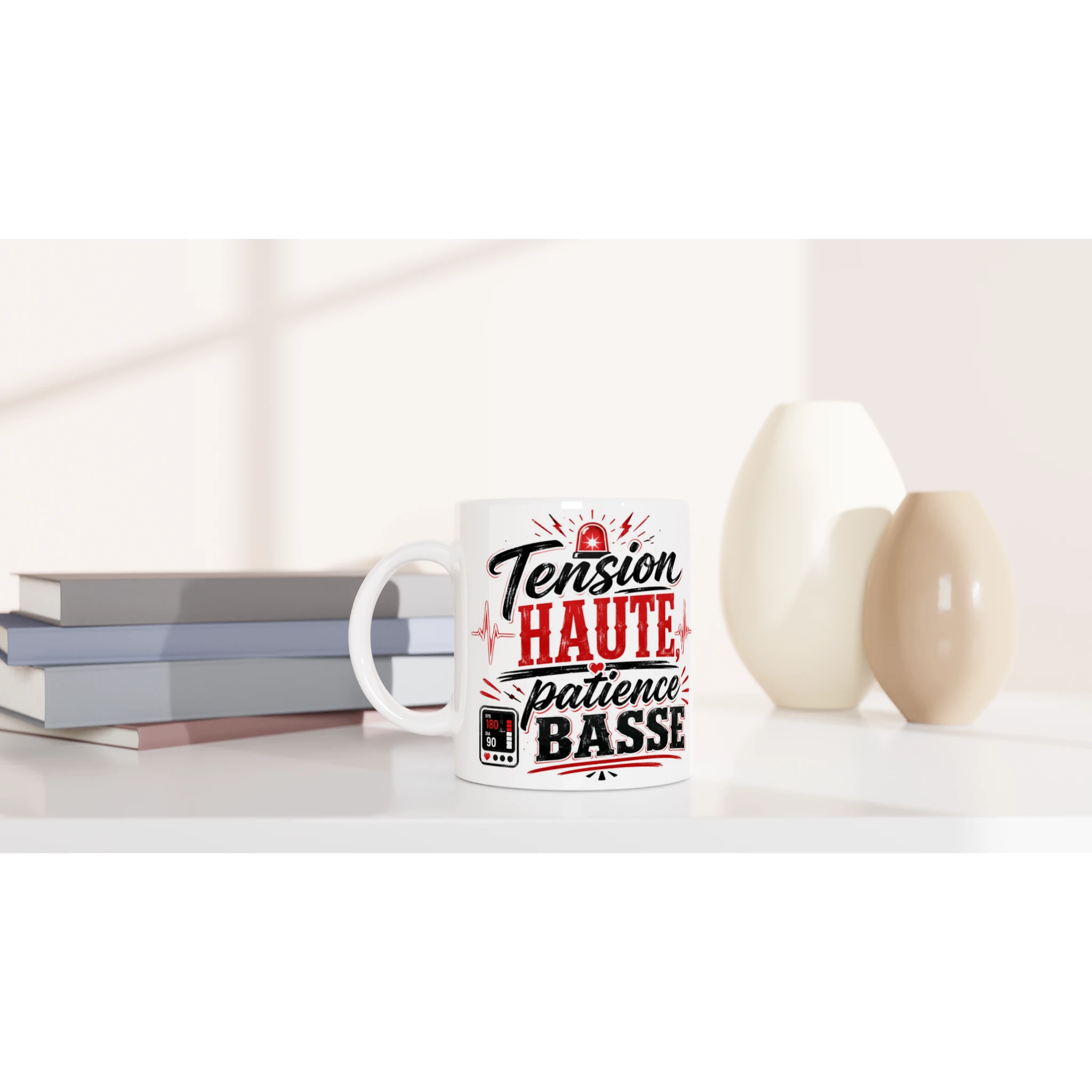 Mug en céramique blanc avec impression « Tension HAUTE patience BASSE ».
