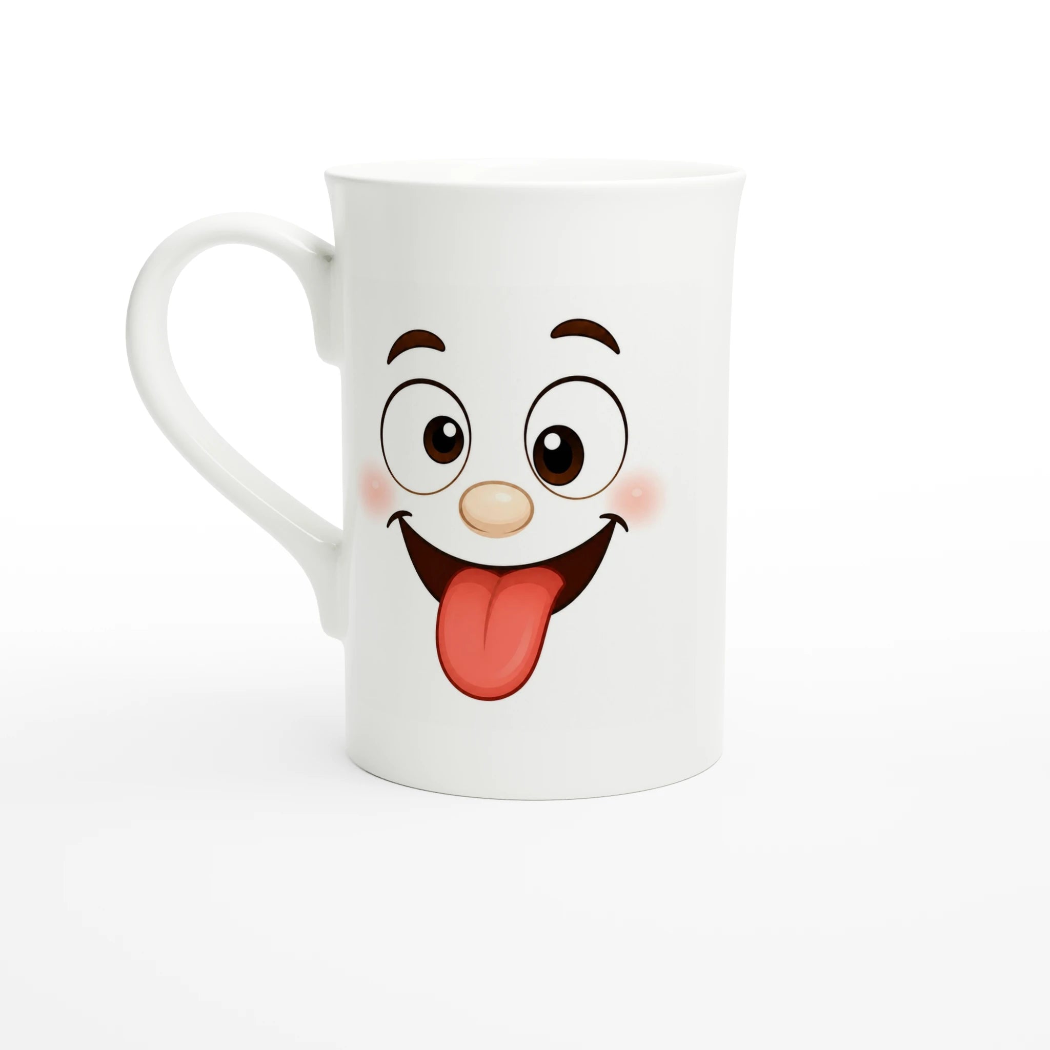 Mug blanc à visage kawaii souriant, langue rouge tirée.