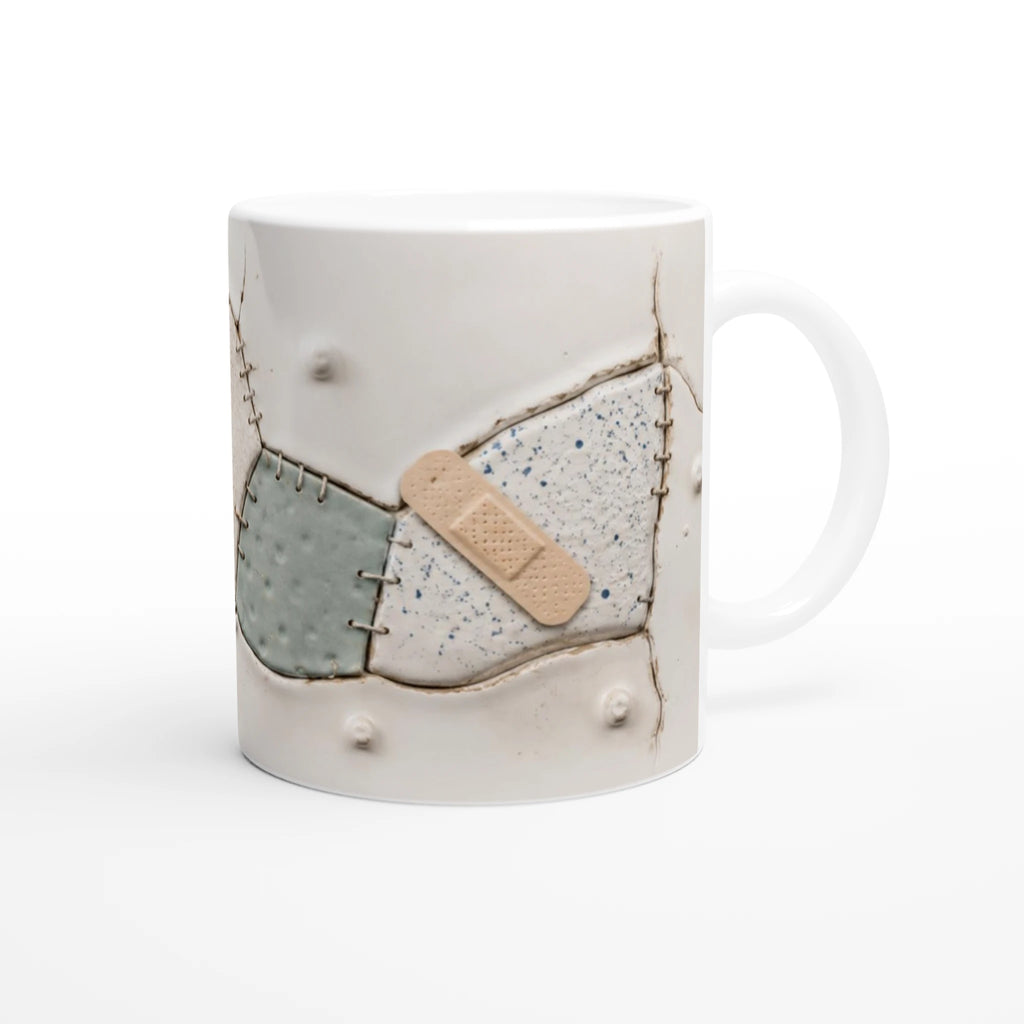 Mug blanc avec patch bleu et beige, surpiqûres et coutures décoratives