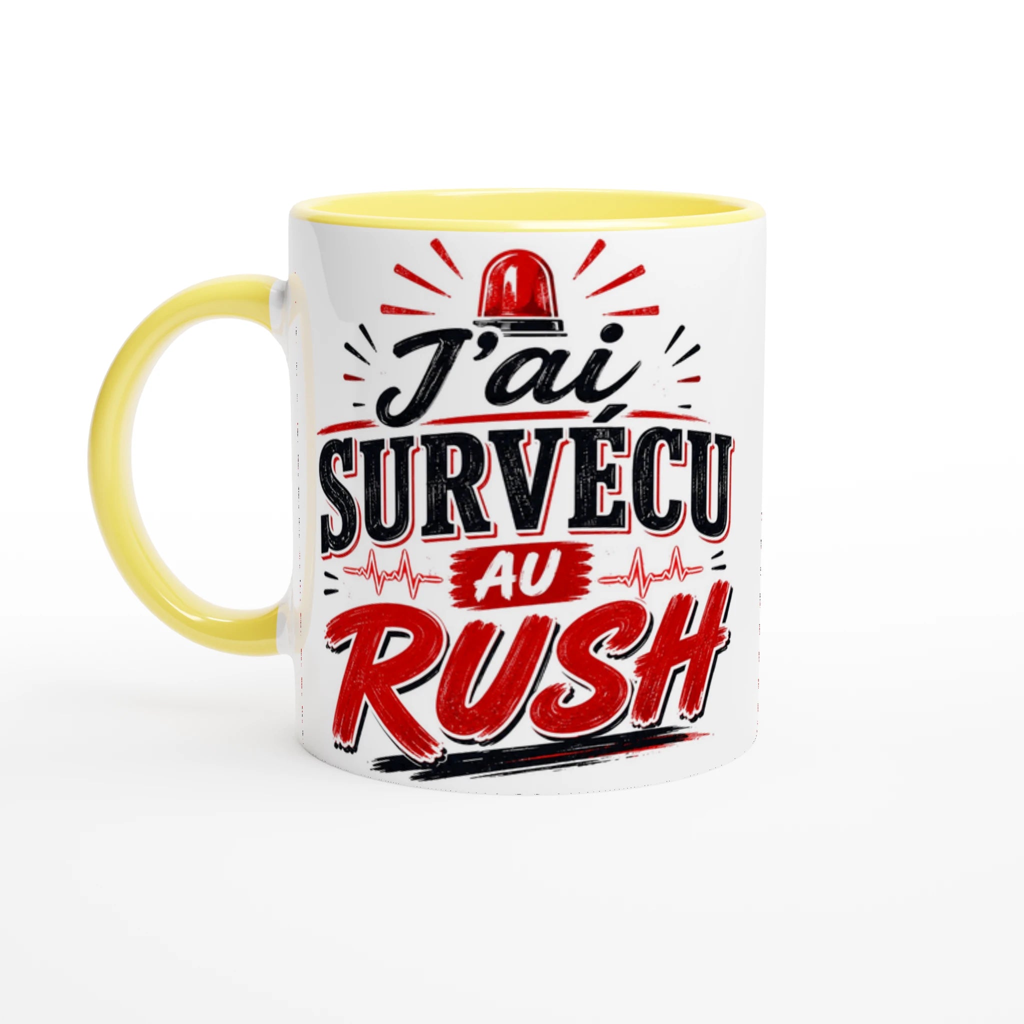 Mug céramique blanc, anse jaune, texte rouge « J'ai survécu au rush »