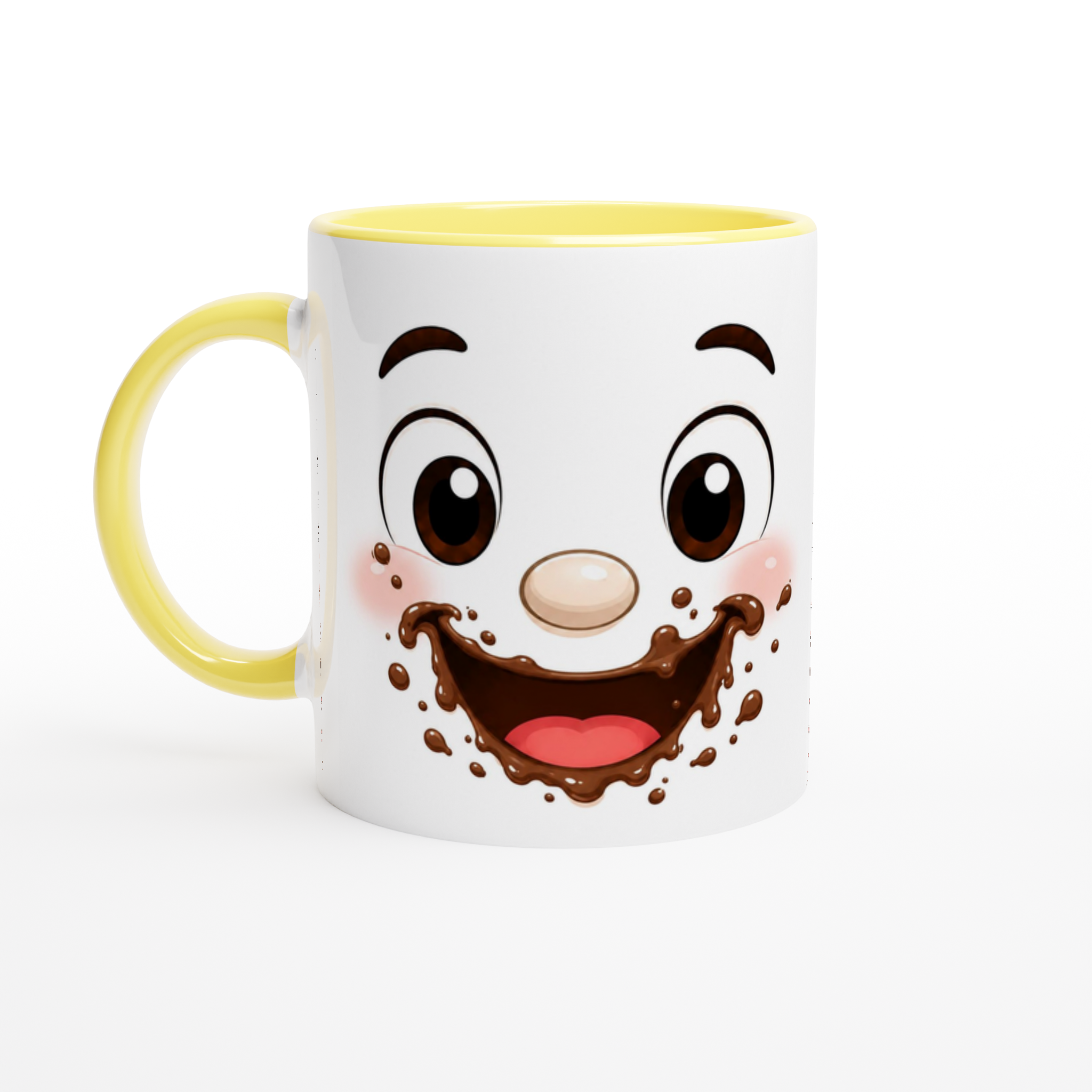 Mug en céramique blanc au visage kawaii chocolat, anse et intérieur jaune