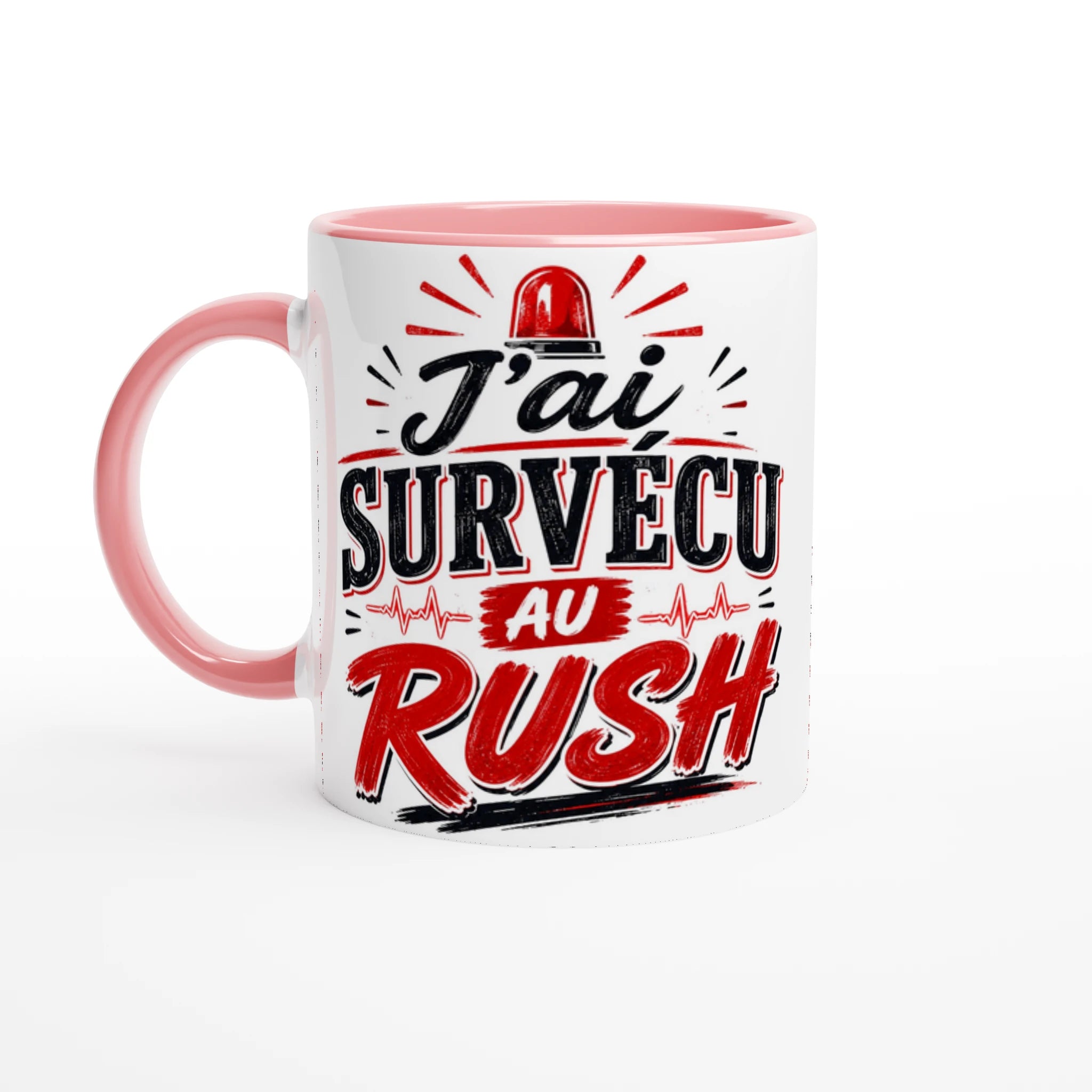 Mug céramique blanc, anse rose et bord rose, impression « J’ai survécu au rush ».