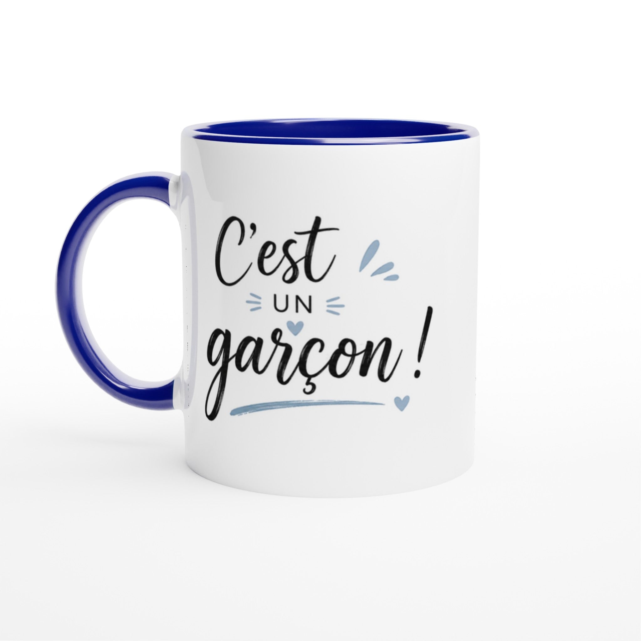 Mug en céramique blanc avec intérieur et anse bleus, « C’est un garçon ! »