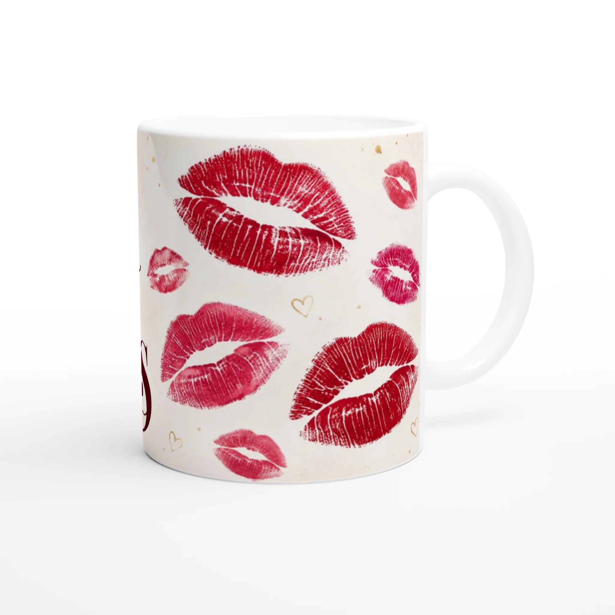 Mug en céramique blanc avec motif de lèvres rouges et petits cœurs