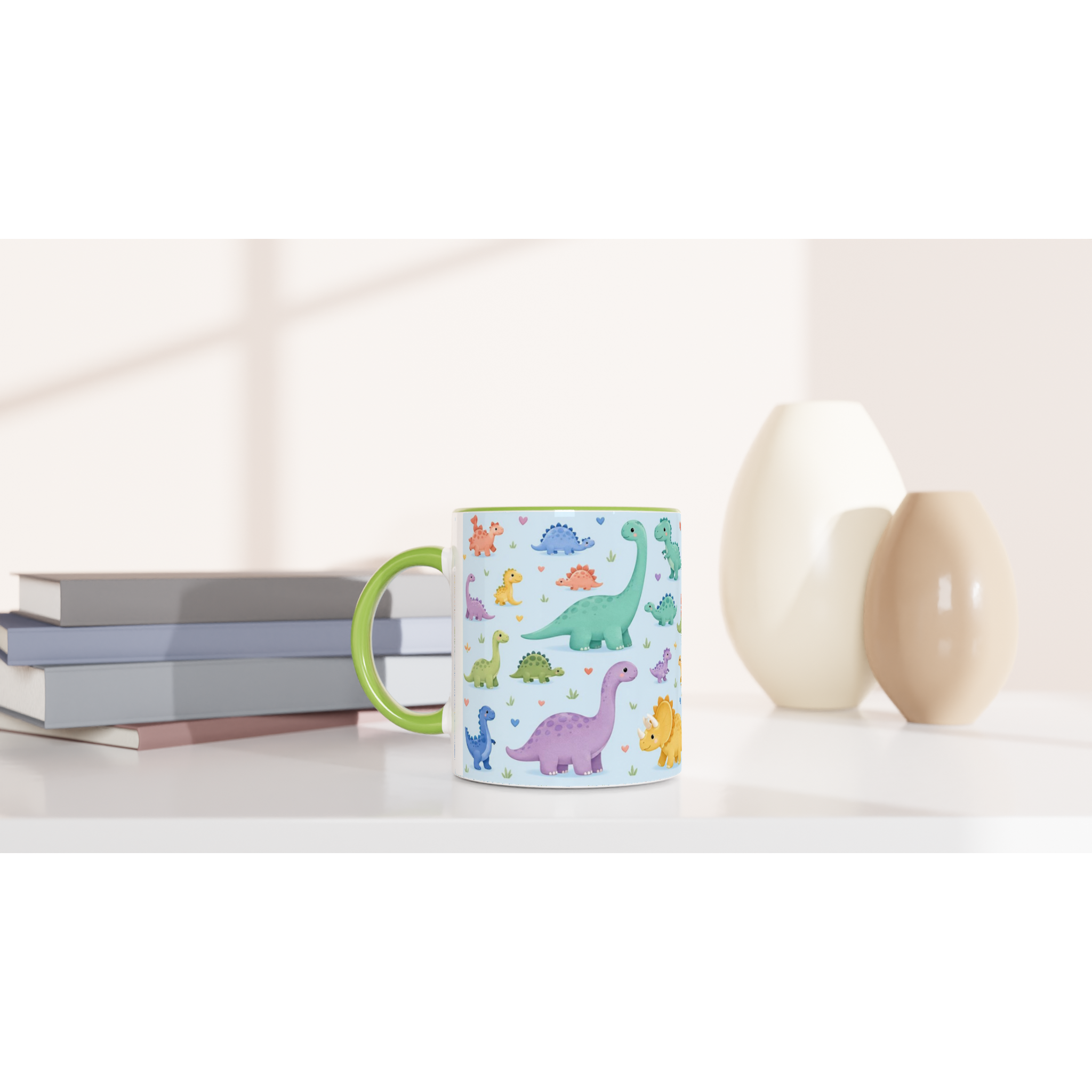 Mug en céramique à anse verte, décor dinosaures kawaii multicolores