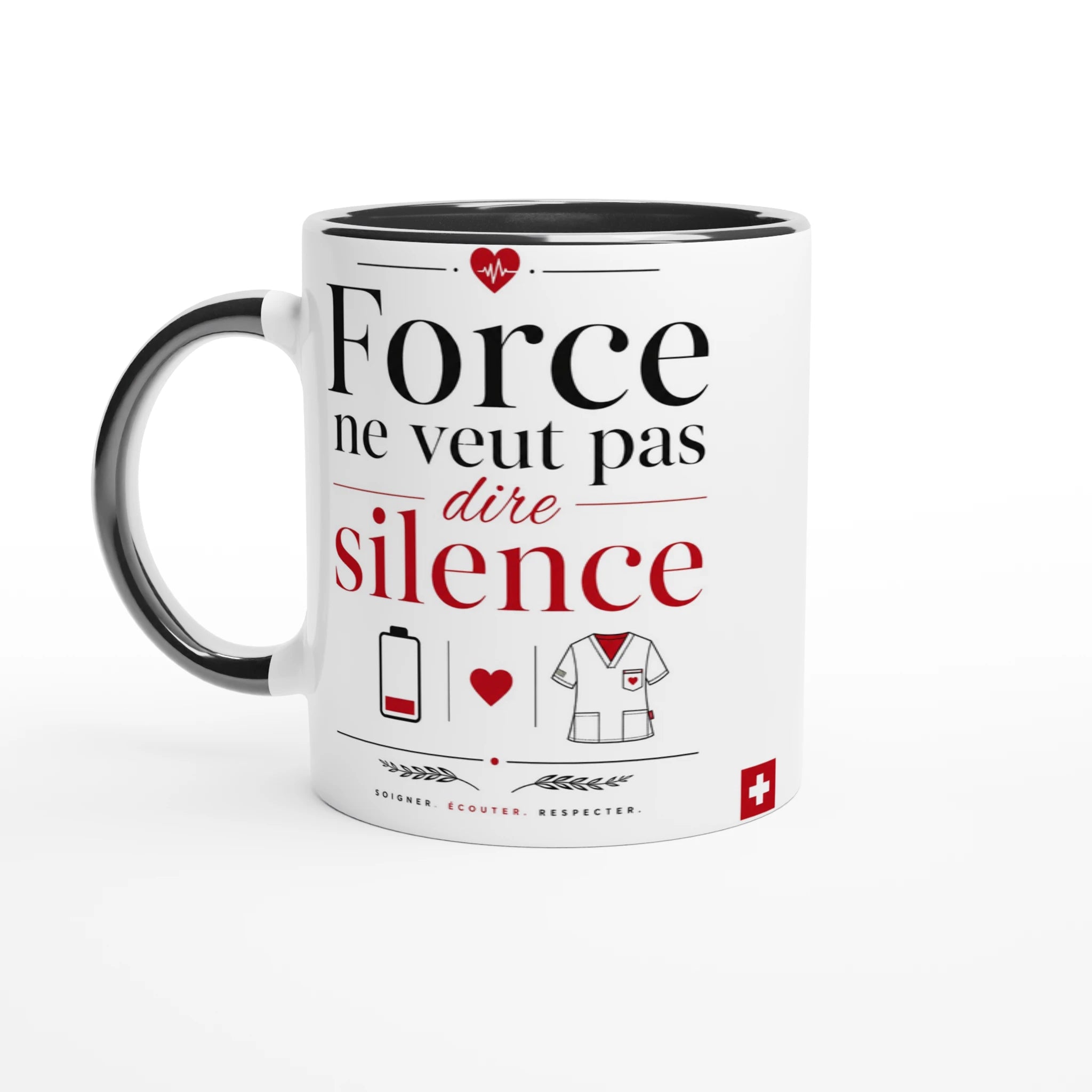 Mug céramique blanc, anse et bord noirs, texte « Force ne veut pas dire silence »