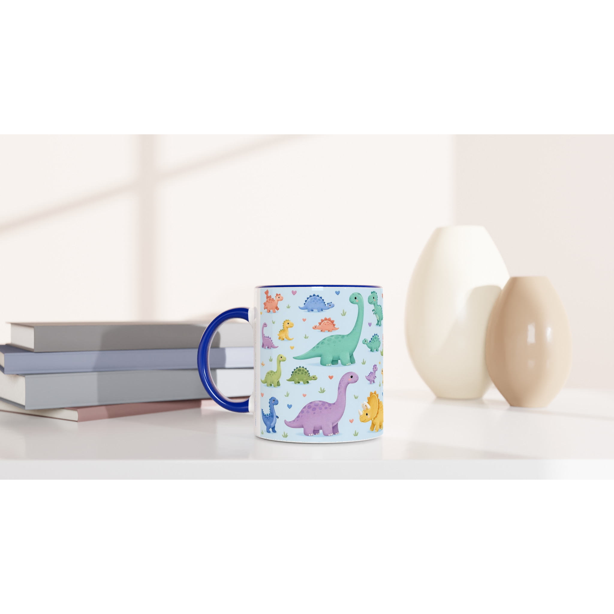 Mug en céramique à anse bleue, décor dinosaures kawaii multicolores