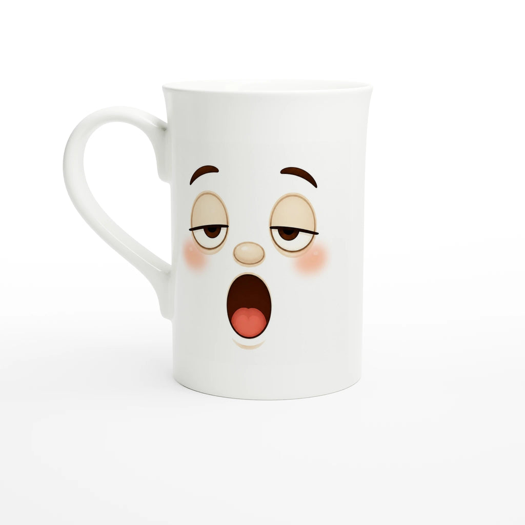 Mug en céramique blanche avec grand visage kawaii, vue de face.