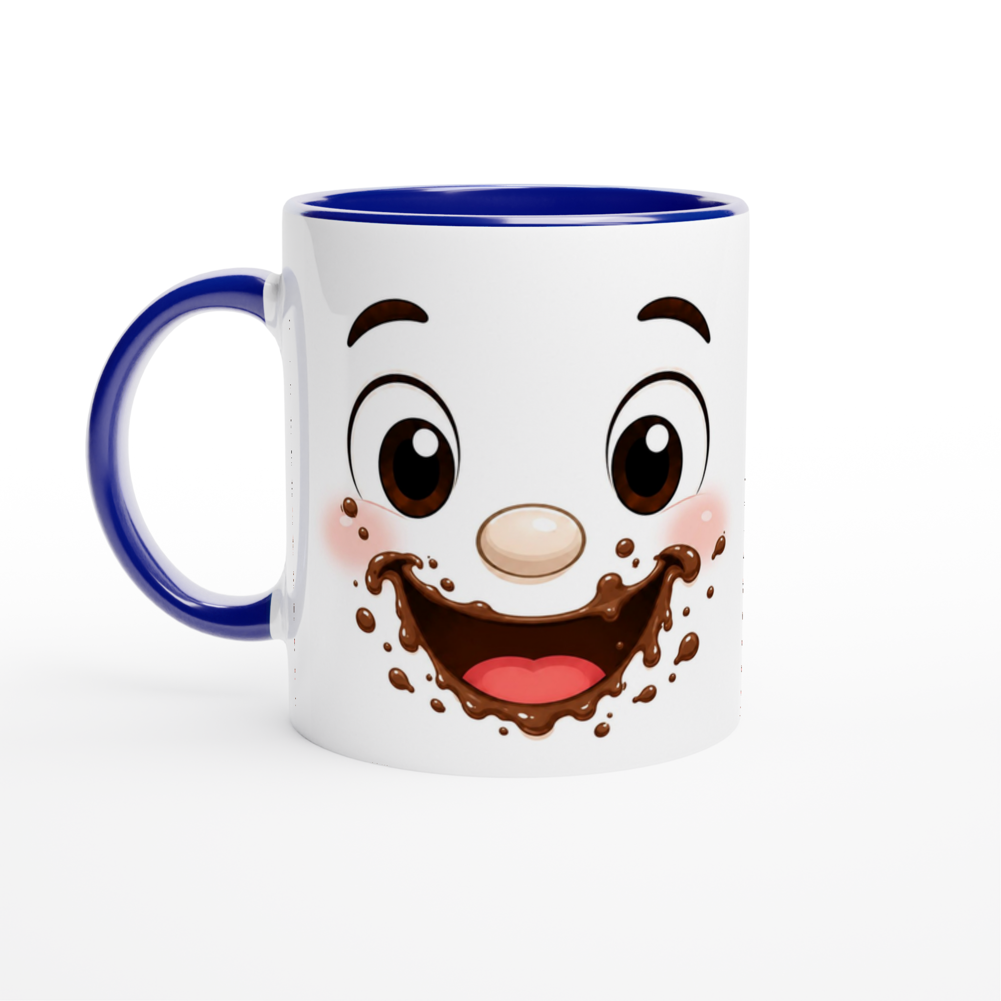 Mug en céramique blanc au visage kawaii chocolat, anse bleue et intérieur bleu
