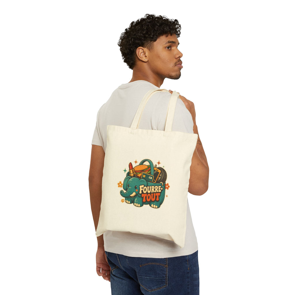 Tote bag en toile naturel porté sur l’épaule, motif éléphant Fourre TOUT