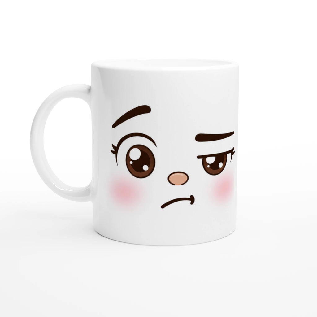 Mug en céramique blanche à visage kawaii boudeur, anses blanche