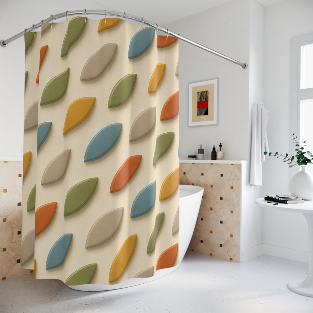 Rideau de douche tissu crème, motif feuilles rétro multicolores, bord inférieur droit.