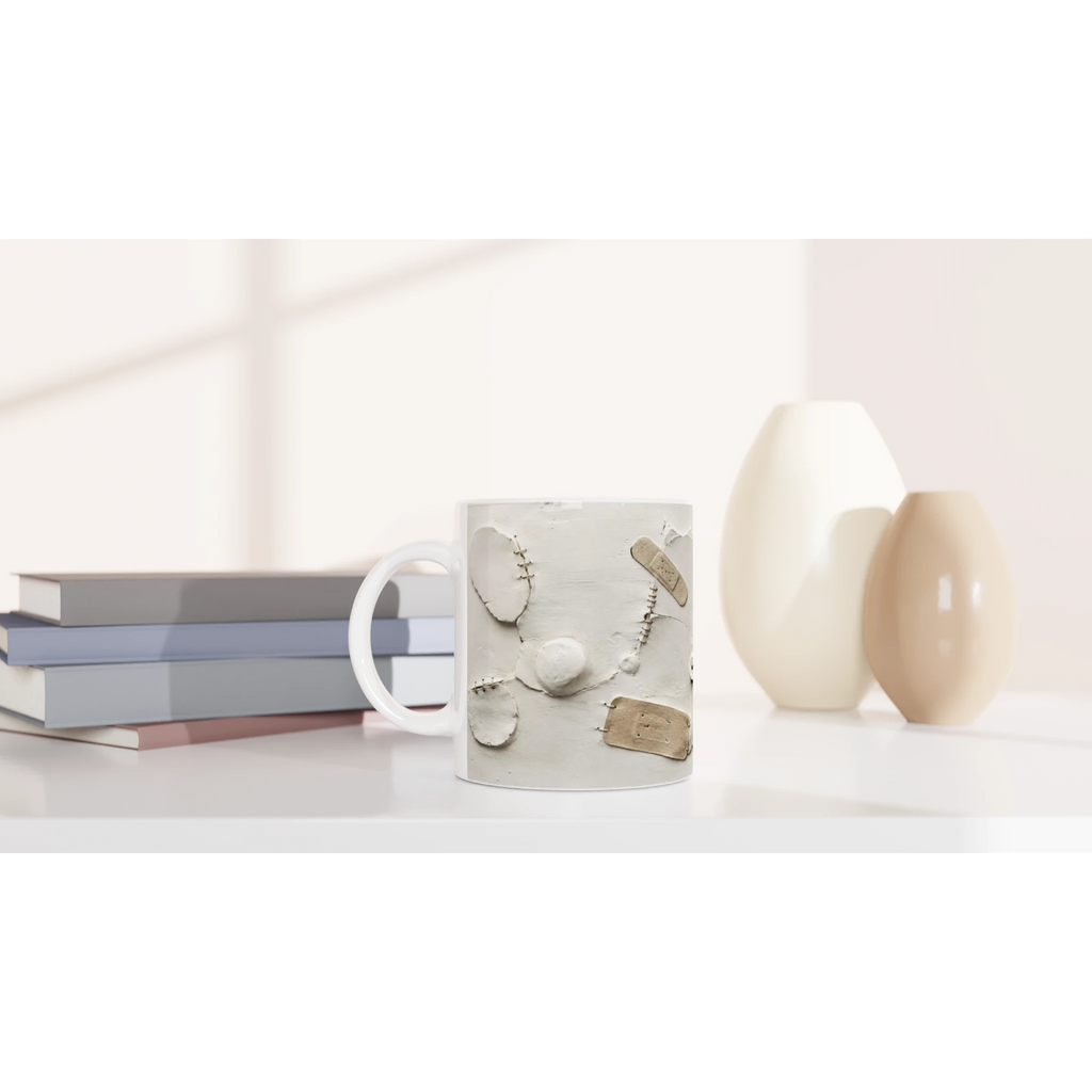 Mug blanc à motif de coutures et éclats, anses visibles