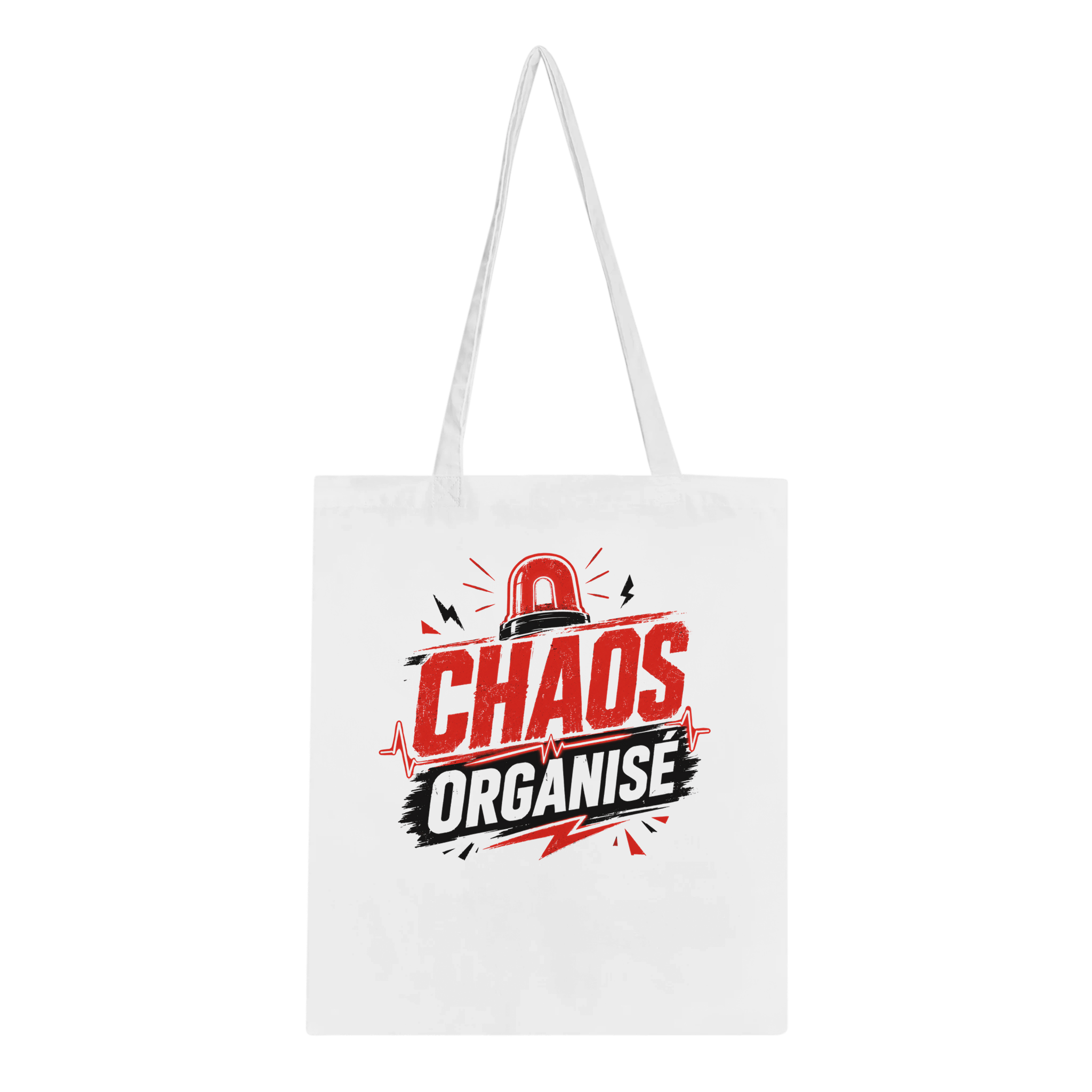 Sac tote en toile blanc, anses, logo « CHAOS ORGANISÉ » rouge et noir.