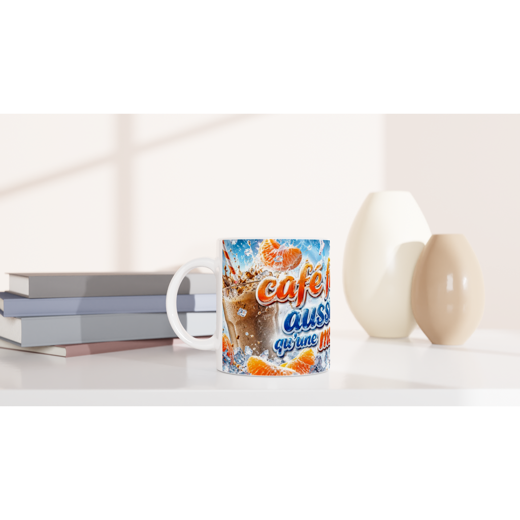 Mug en céramique blanche avec motif bleu et orange « café » sur fond neigeux