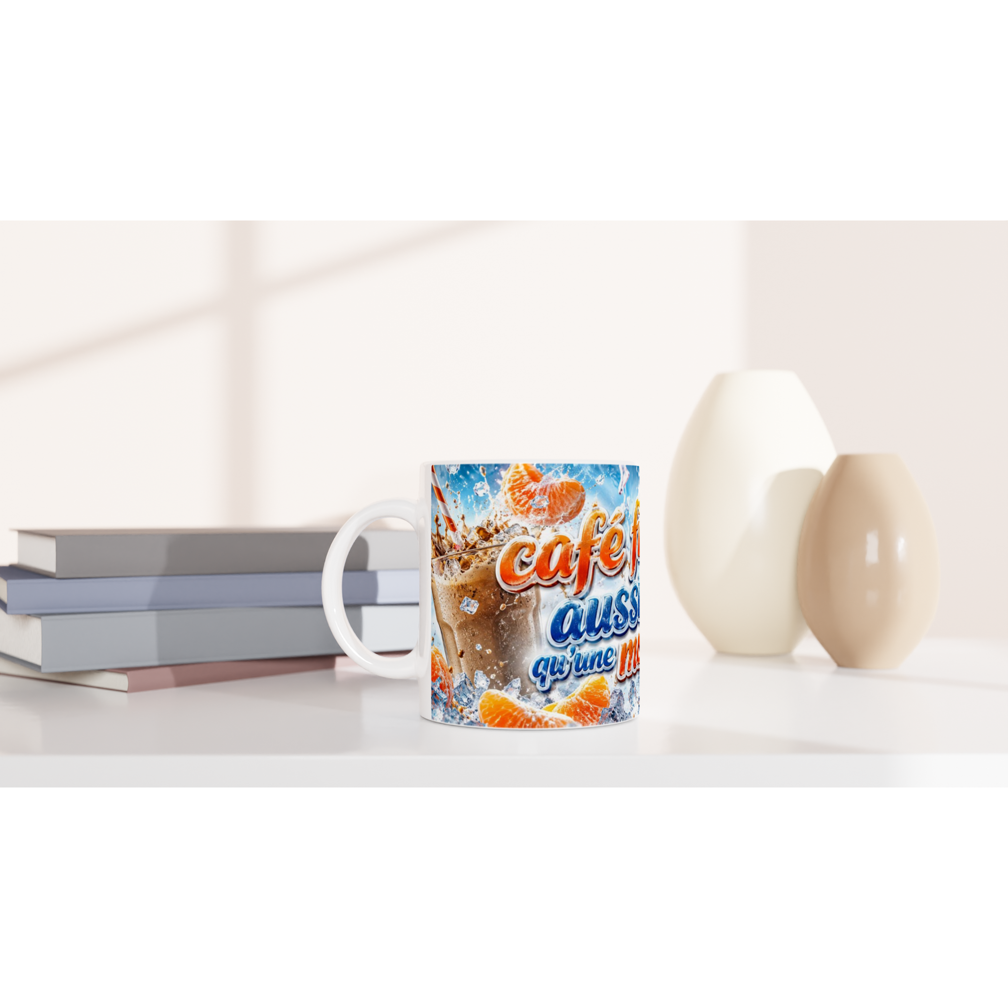 Mug en céramique blanche avec motif bleu et orange « café » sur fond neigeux