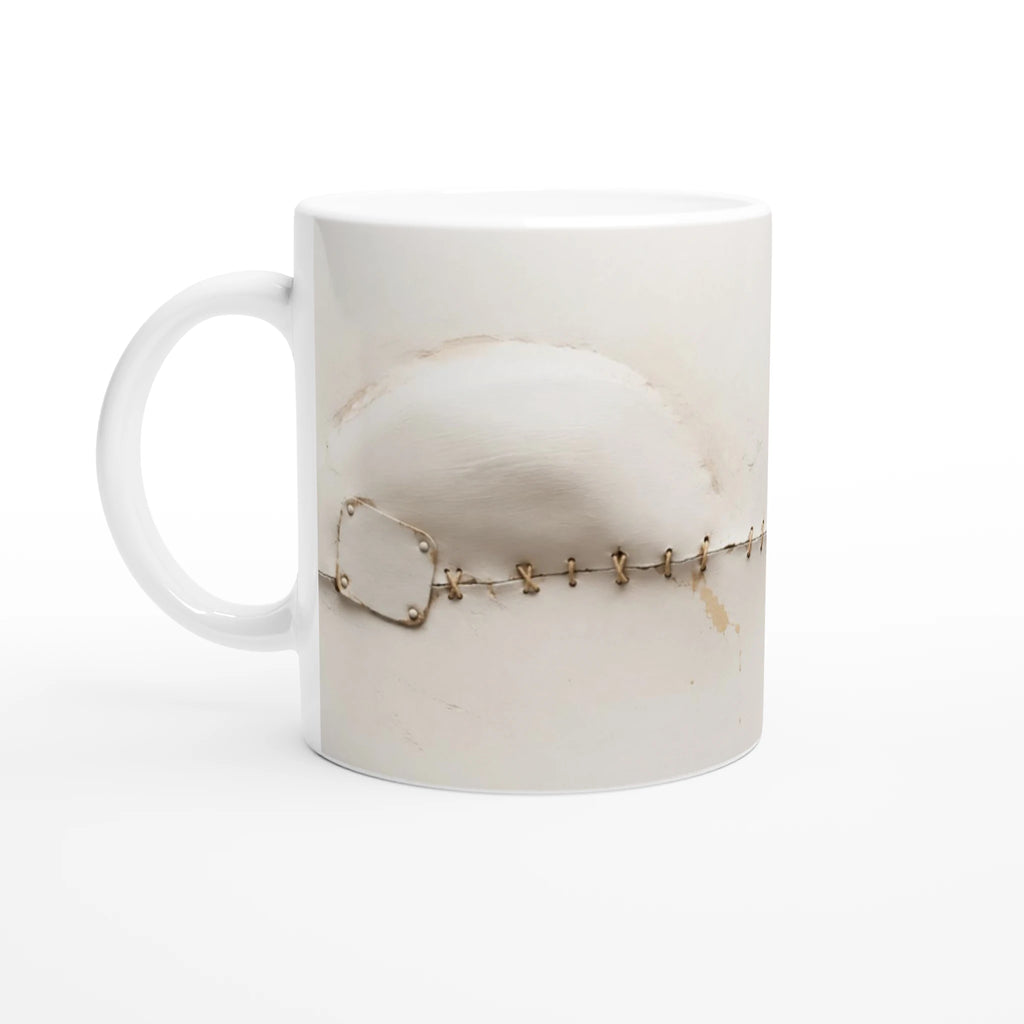 Mug en céramique blanche avec décor trompe-l’œil, chaîne et plaque métallique sur la face