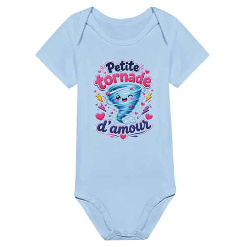 Body bébé manches courtes bleu clair avec motif « Petite tornade d’amour ».