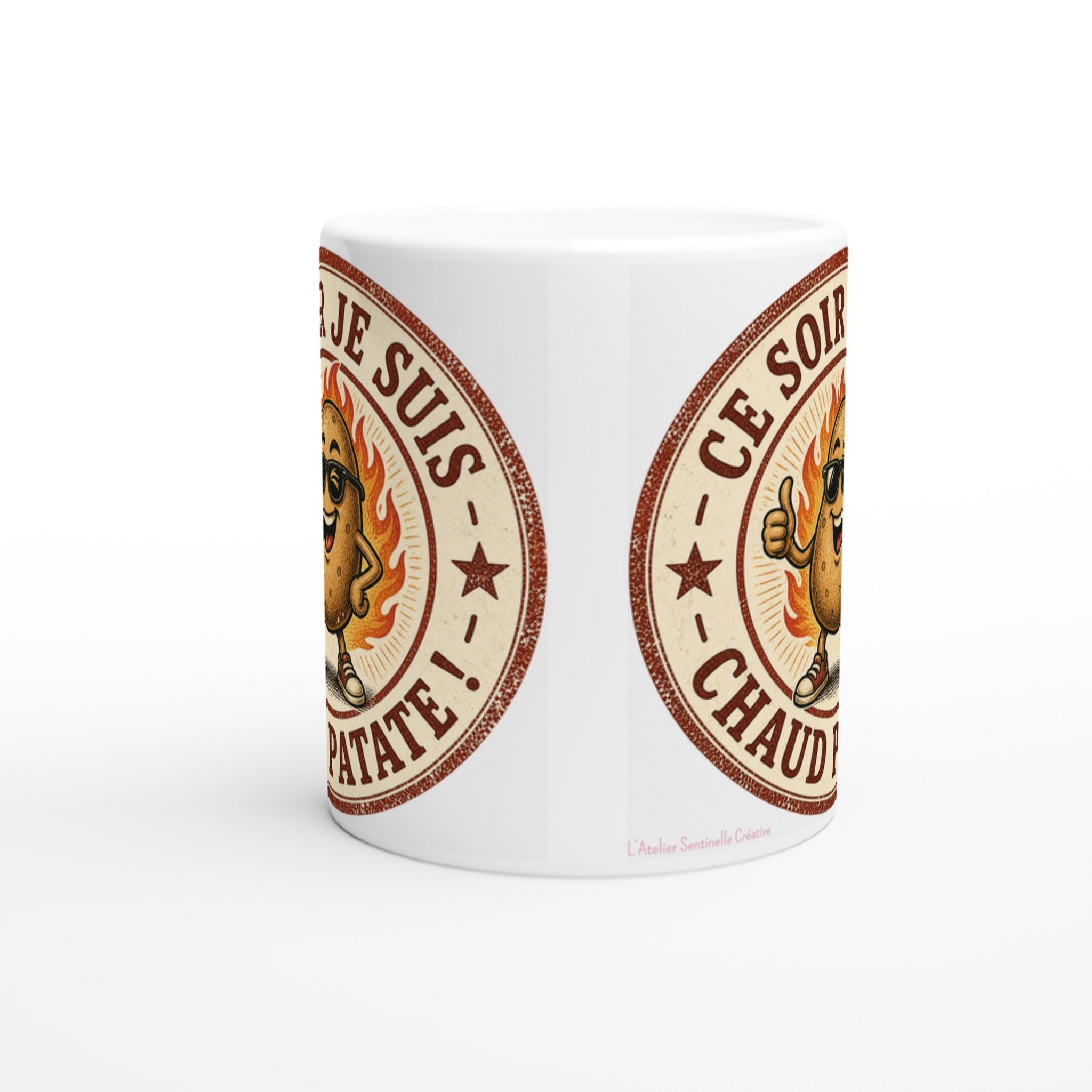 Tasse blanche en céramique avec logo partiel « Ce soir je suis » et « chaud patate »