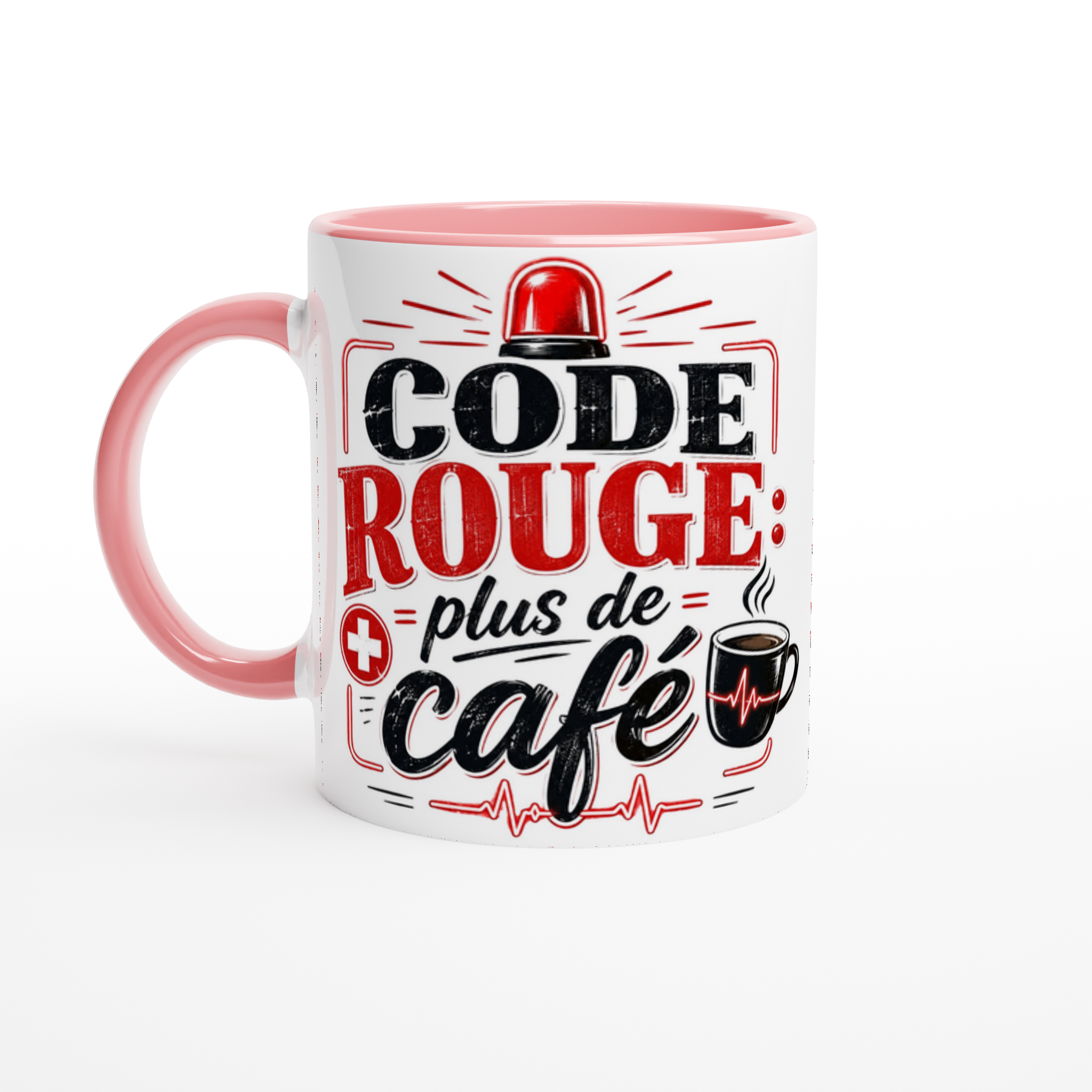 Tasse en céramique blanche, anses et bord rose, motif « Code Rouge plus de café ».