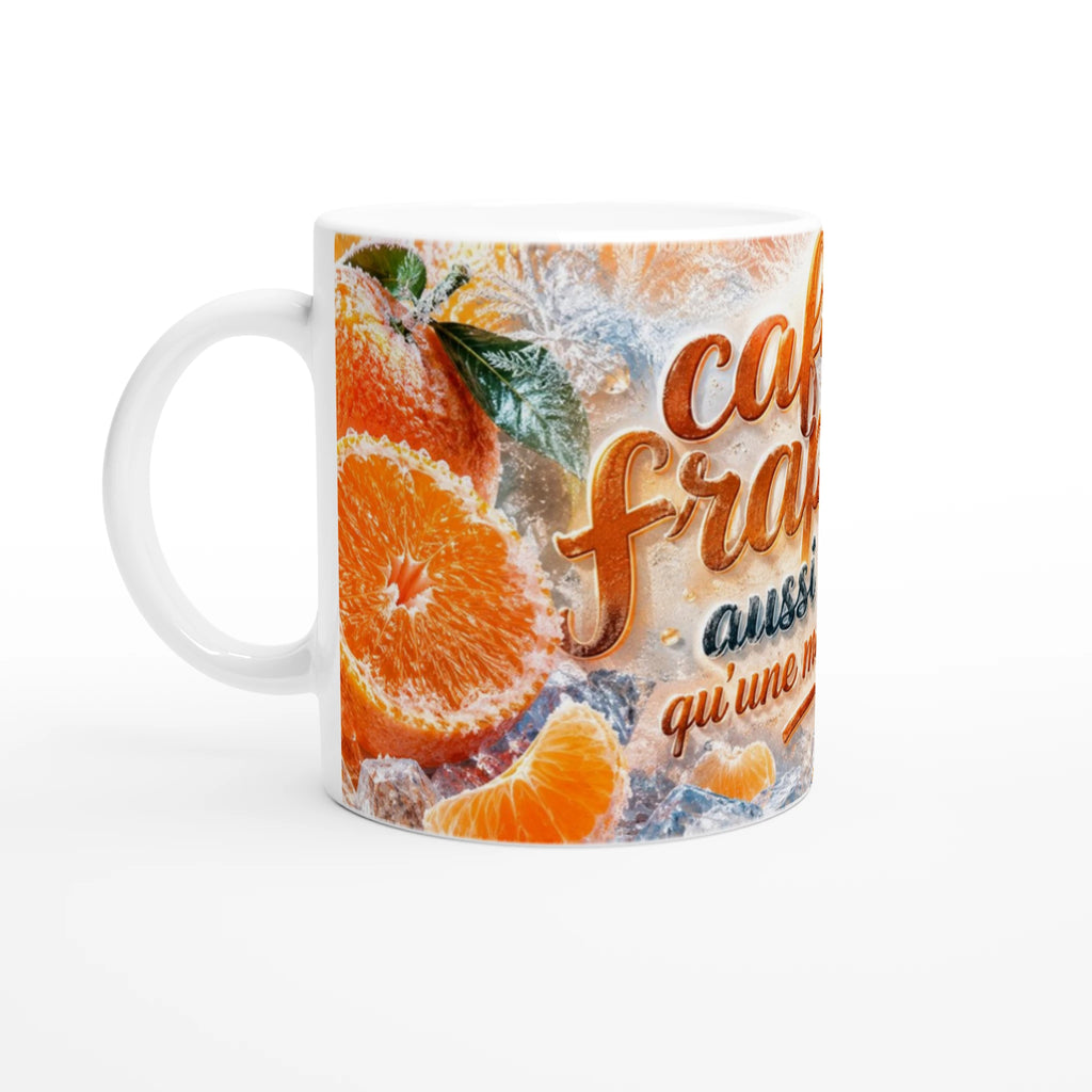 Tasse à café blanche décor mandarine, feuille verte et lettrage “café frappé”.