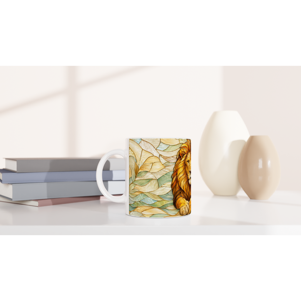 Mug en céramique blanc avec motif lion et feuilles, poignée blanche