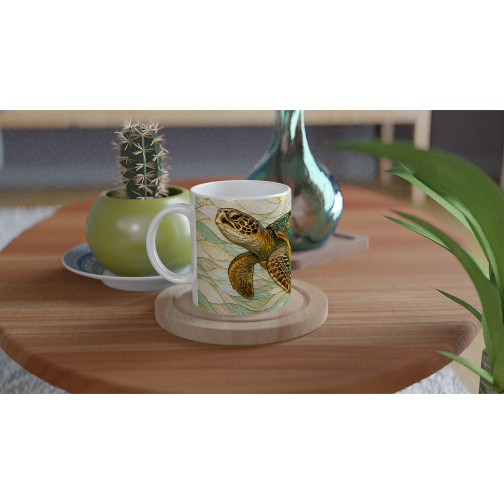 Tasse en céramique blanche 11 oz avec illustration de tortue, anse et bord visibles